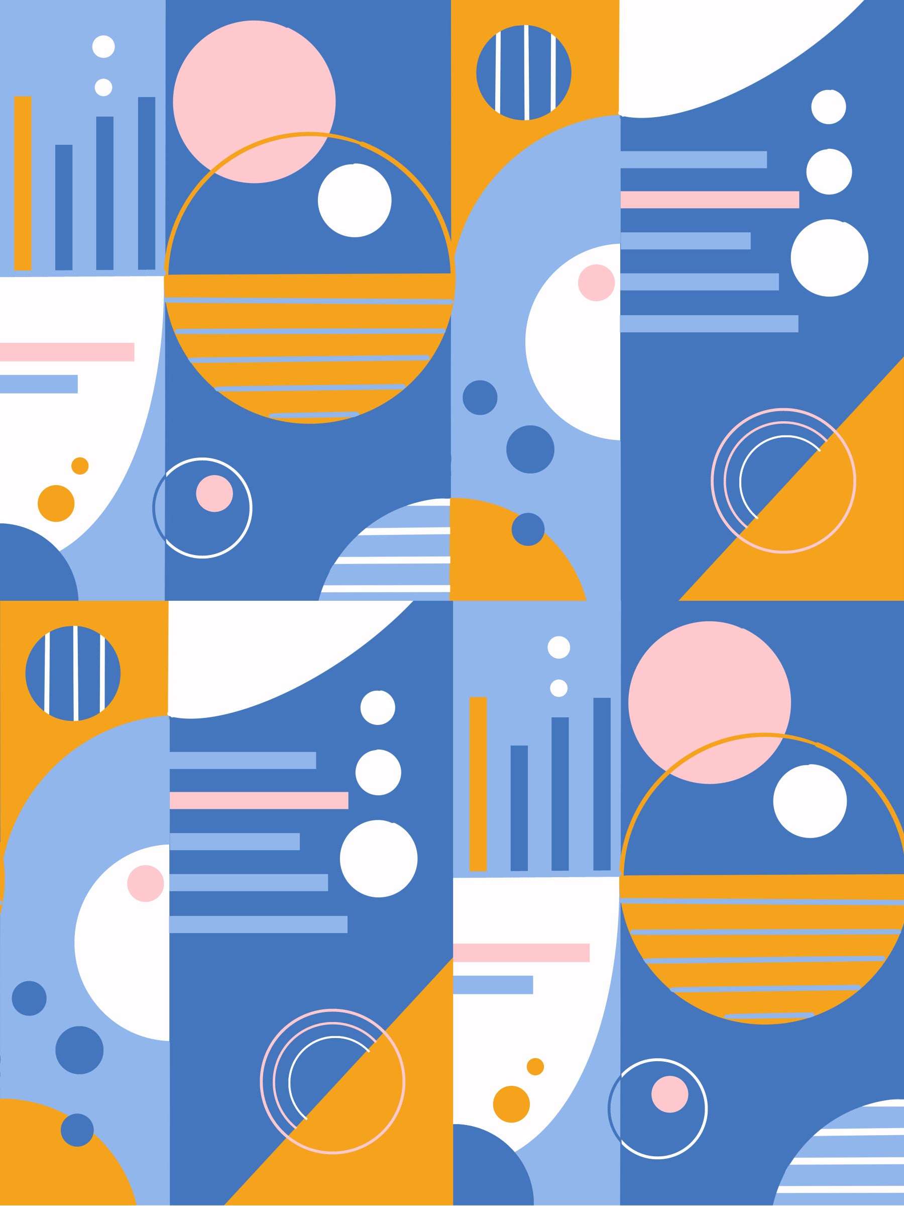 Retro Geo Blocks wallpaper with blue and orange geometric circles behind a living room 