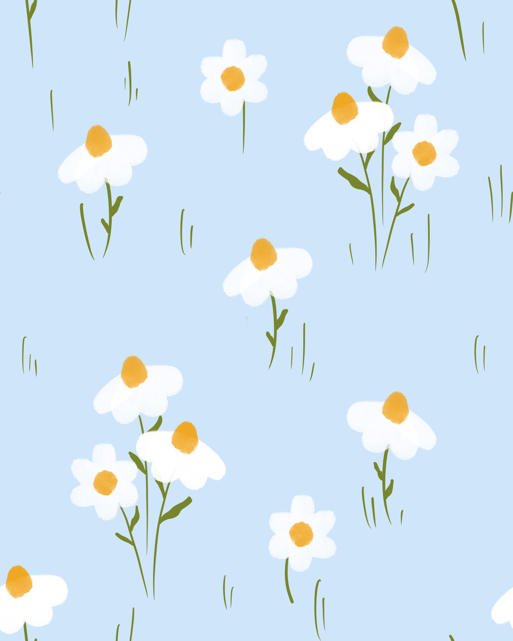 Bedroom with Daisy Dreams on Blue wallpaper behind a neutral toned bed
