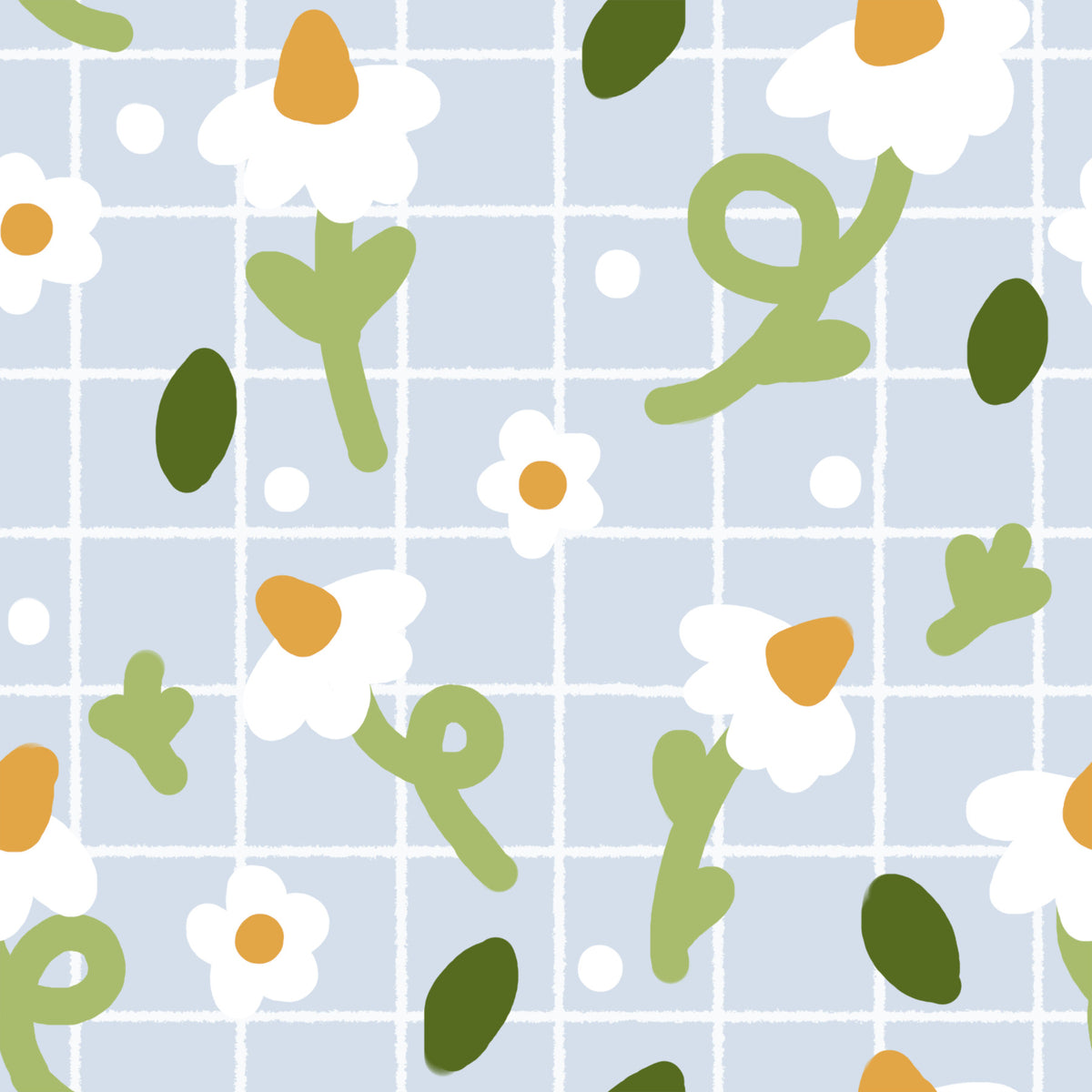 Whimsical Daisies on Blue Grid Wallpaper⁠ in your room