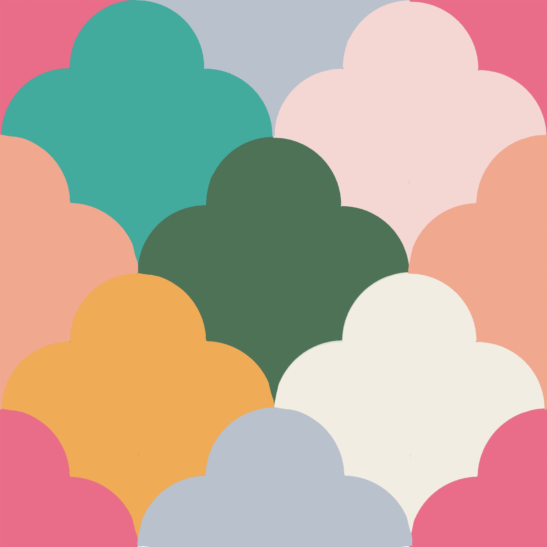 Retro Cloudscape Wallpaper fills a kids bedroom with playful scallop tiles.
