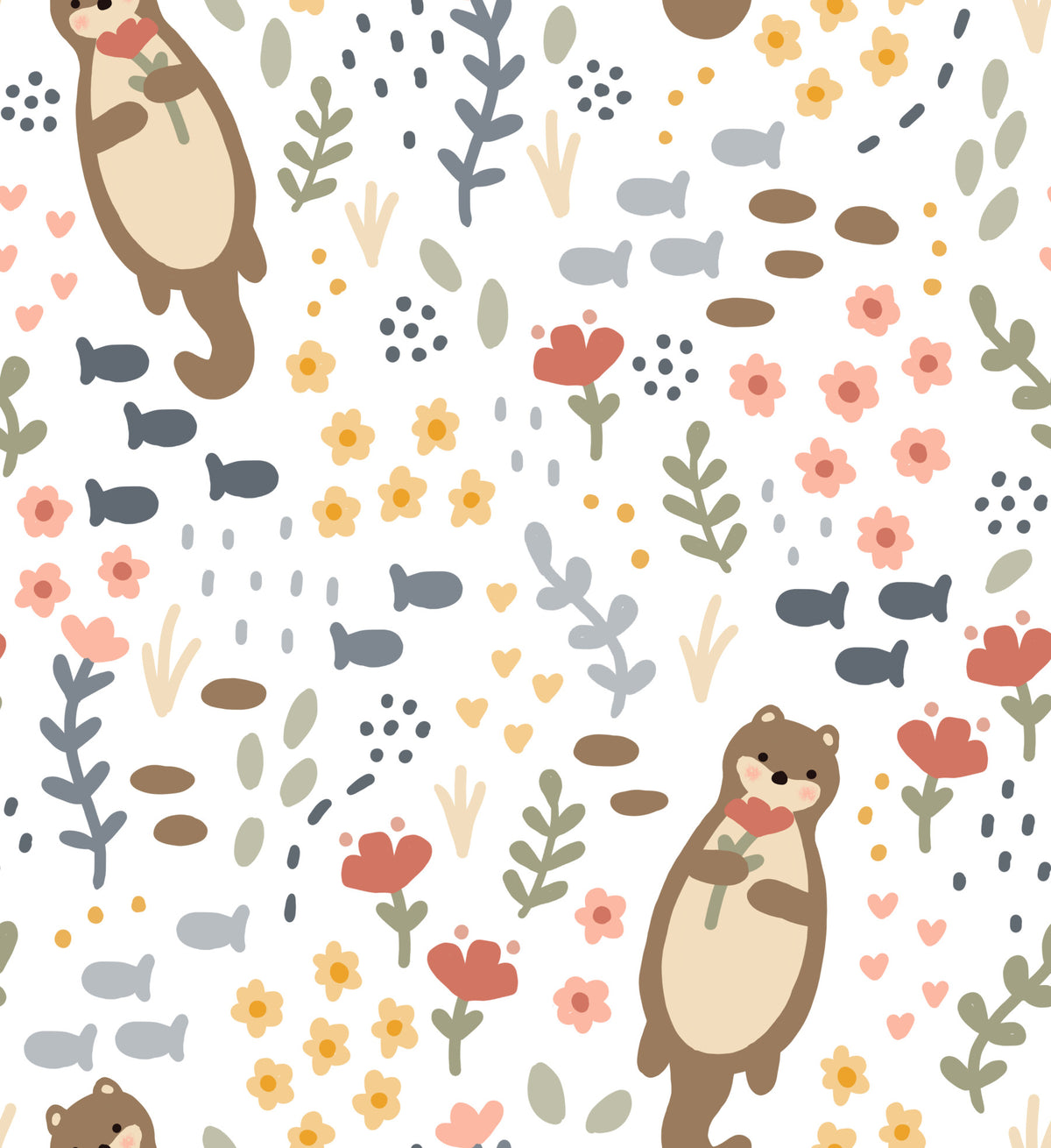 Whimsical Otters & Wildflowers Wallpaper⁠ in your room