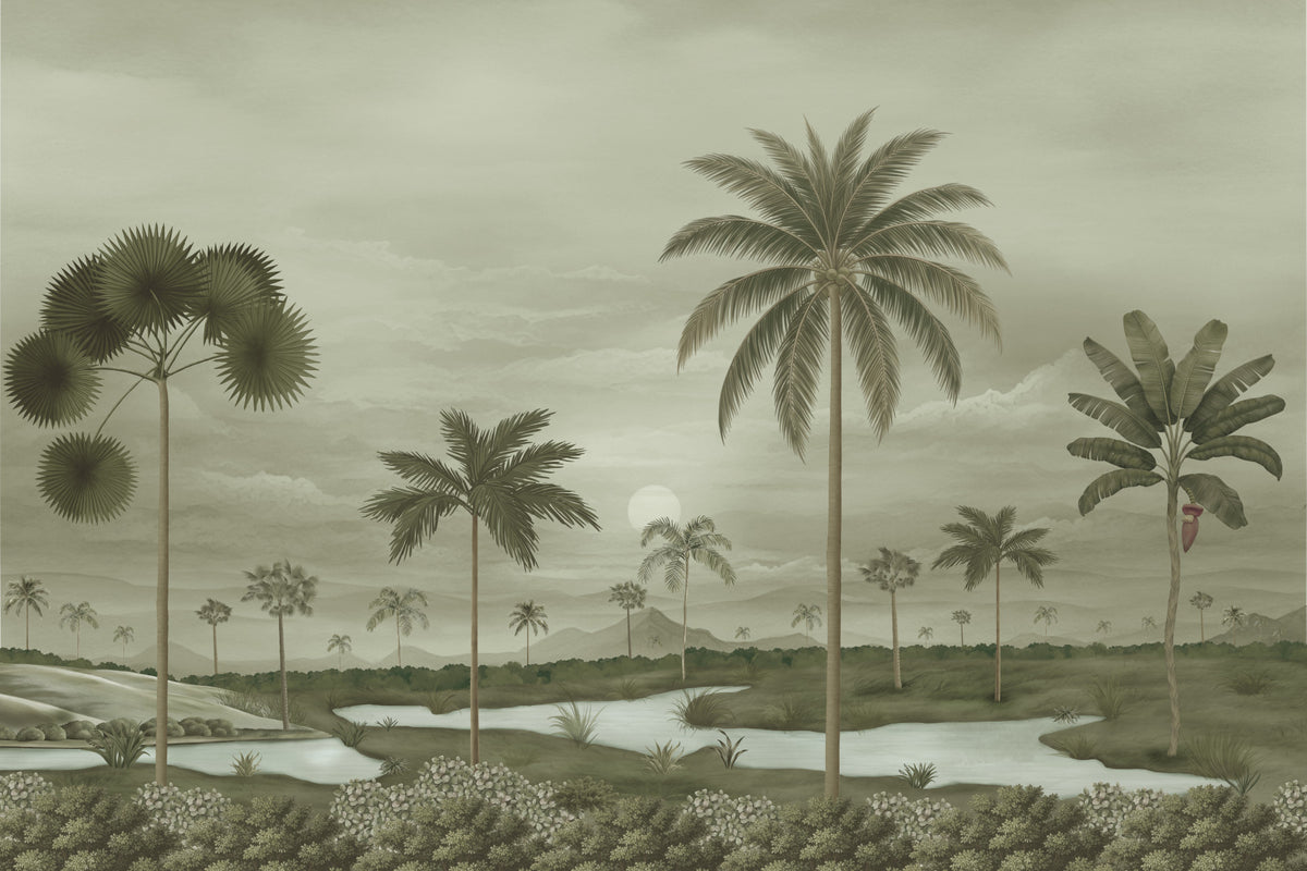 Muted Tropical Riverbend Wall Mural in your room