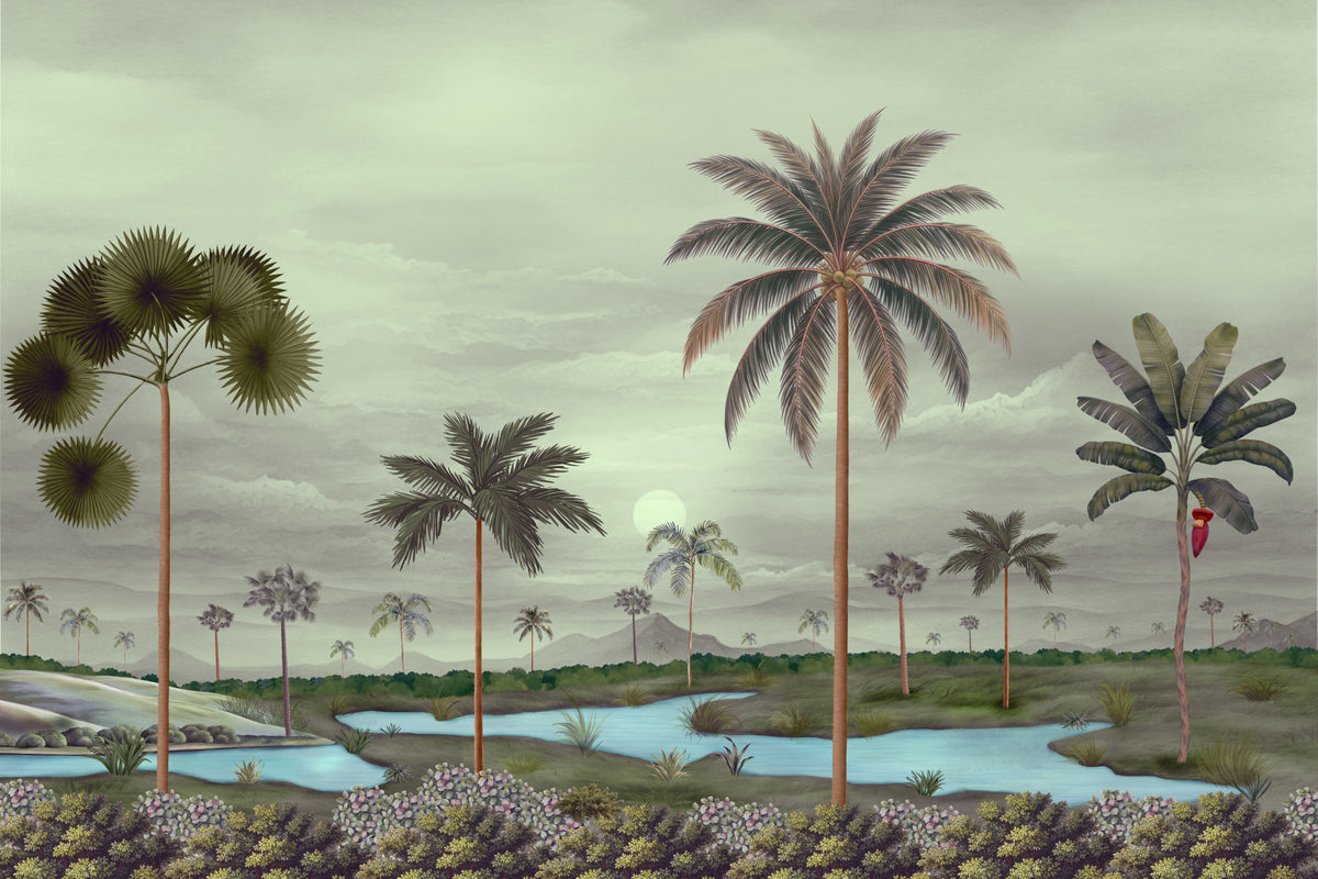 Tropical Serenity Riverbanks Wall Mural in your room — zoomed