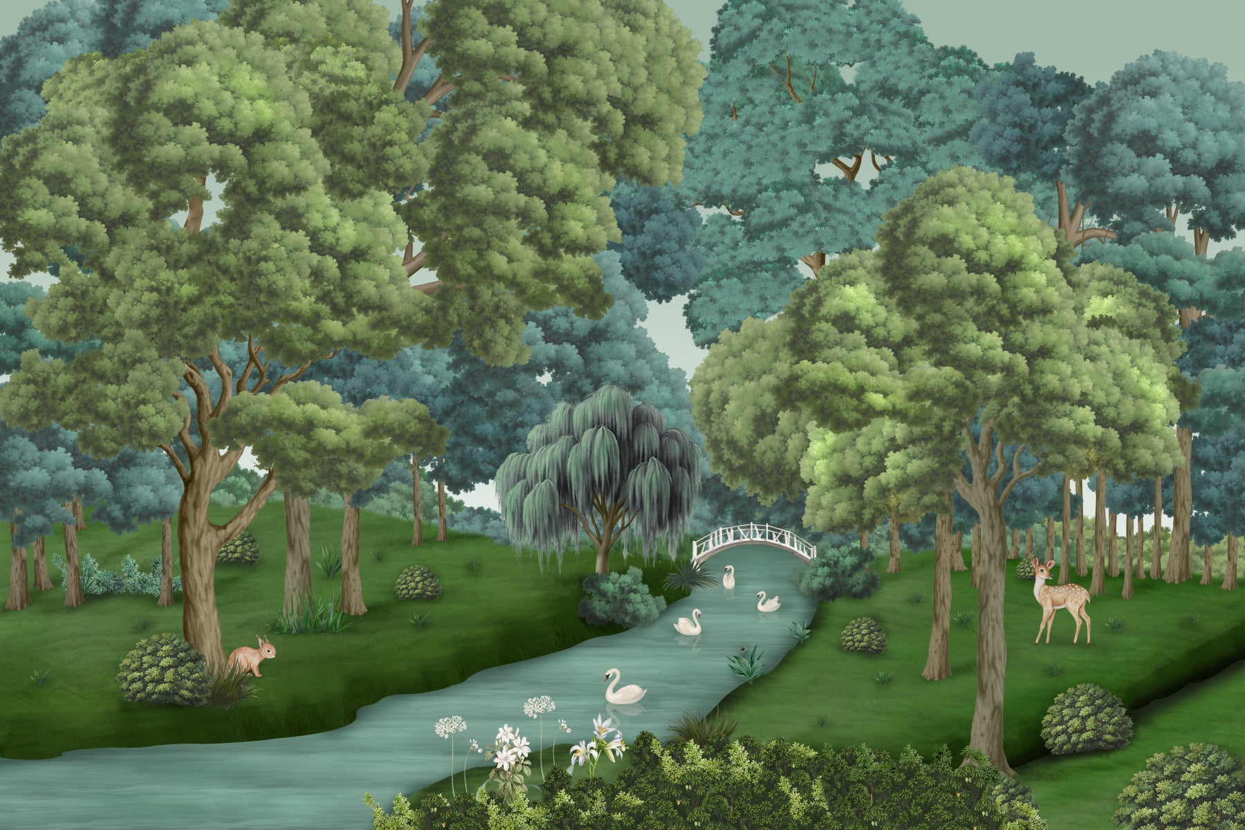 Green forest scene Swan Lake Woodland wall mural in a bright living room