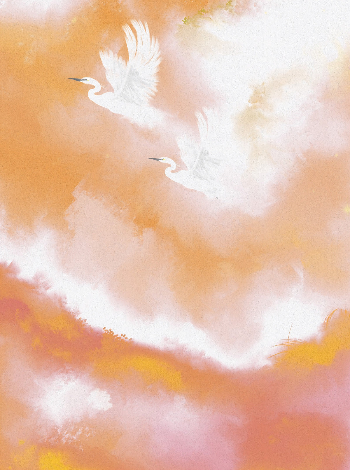 Ethereal Flight at Dawn Birds Peach Watercolor  Wall Mural in your room — zoomed