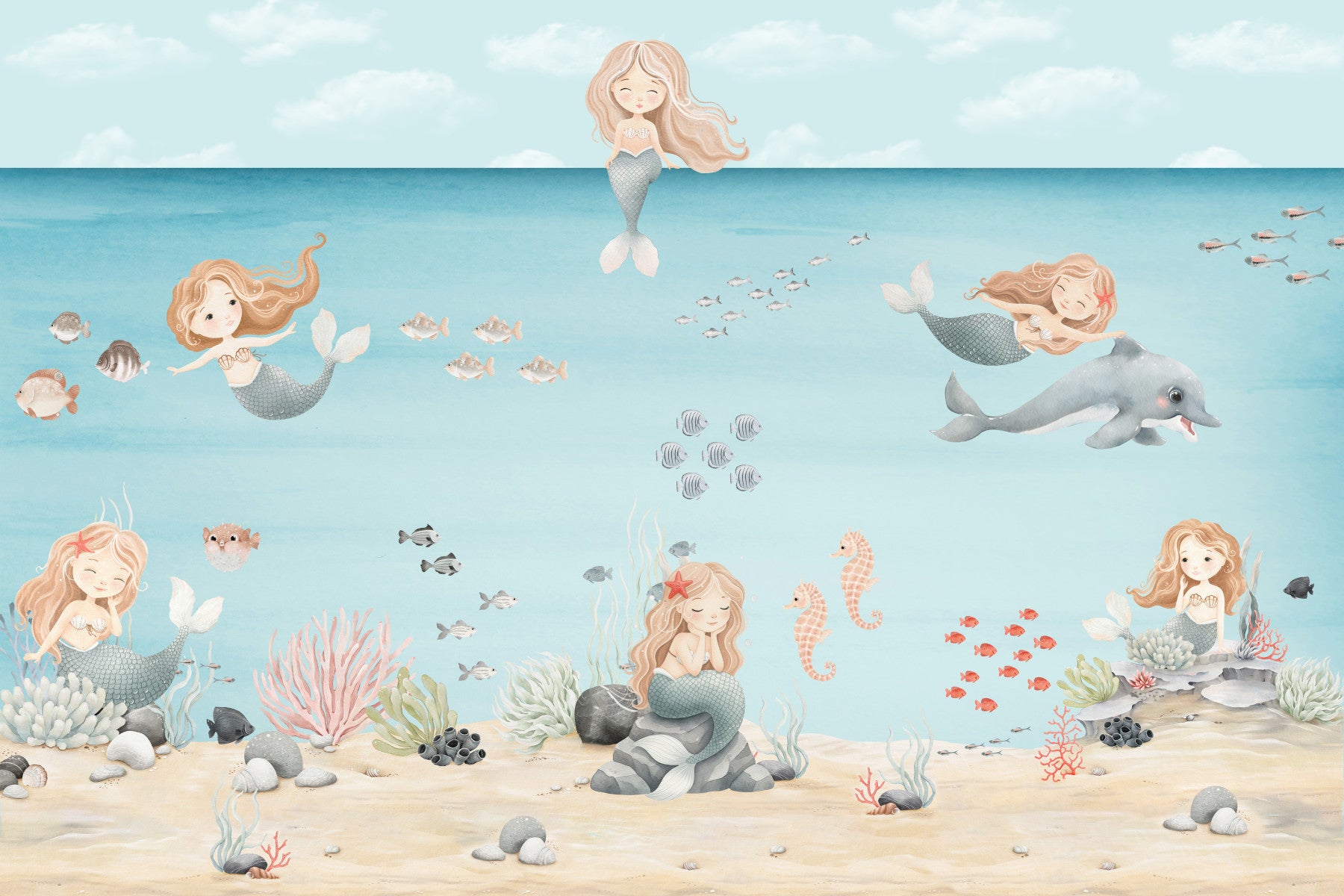 Pink Nursery area shows the Mermaid Lagoon Dreams wall mural