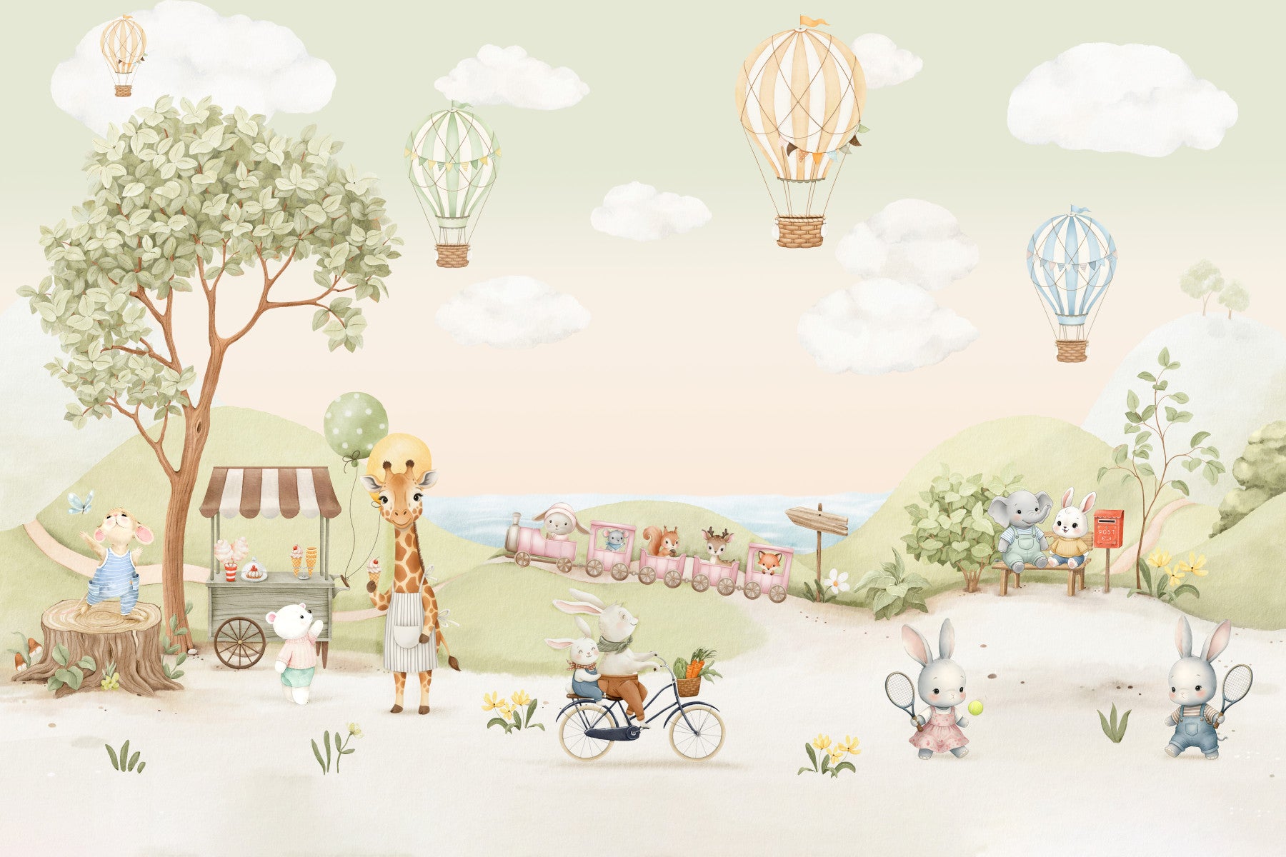 Nursery styled around the Whimsical Animal Adventure wall mural in pastel greens