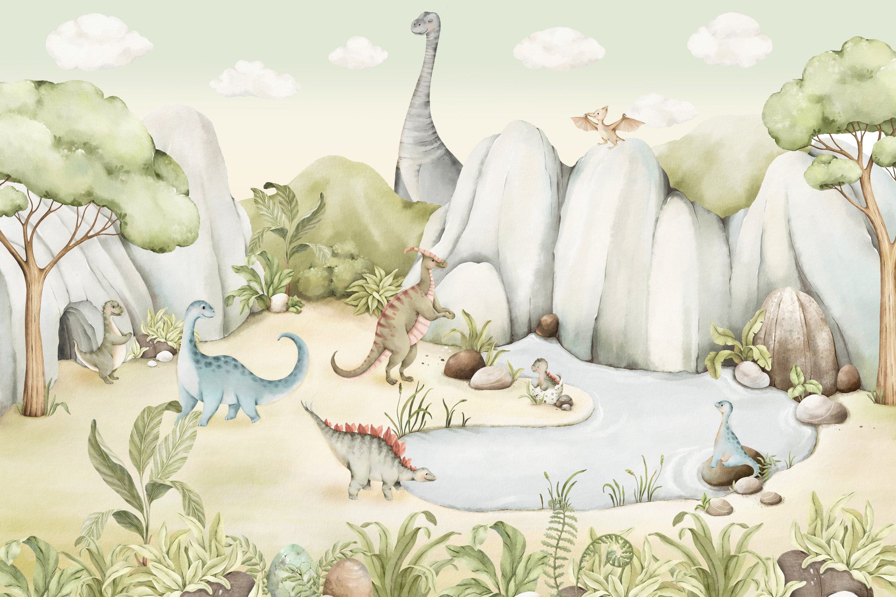 Kids' room styled around the Watercolor Dino World wall mural