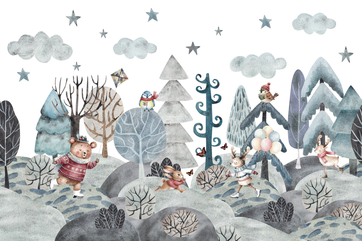 Whimsical Winter Woodland Friends Wall Mural in your room — zoomed