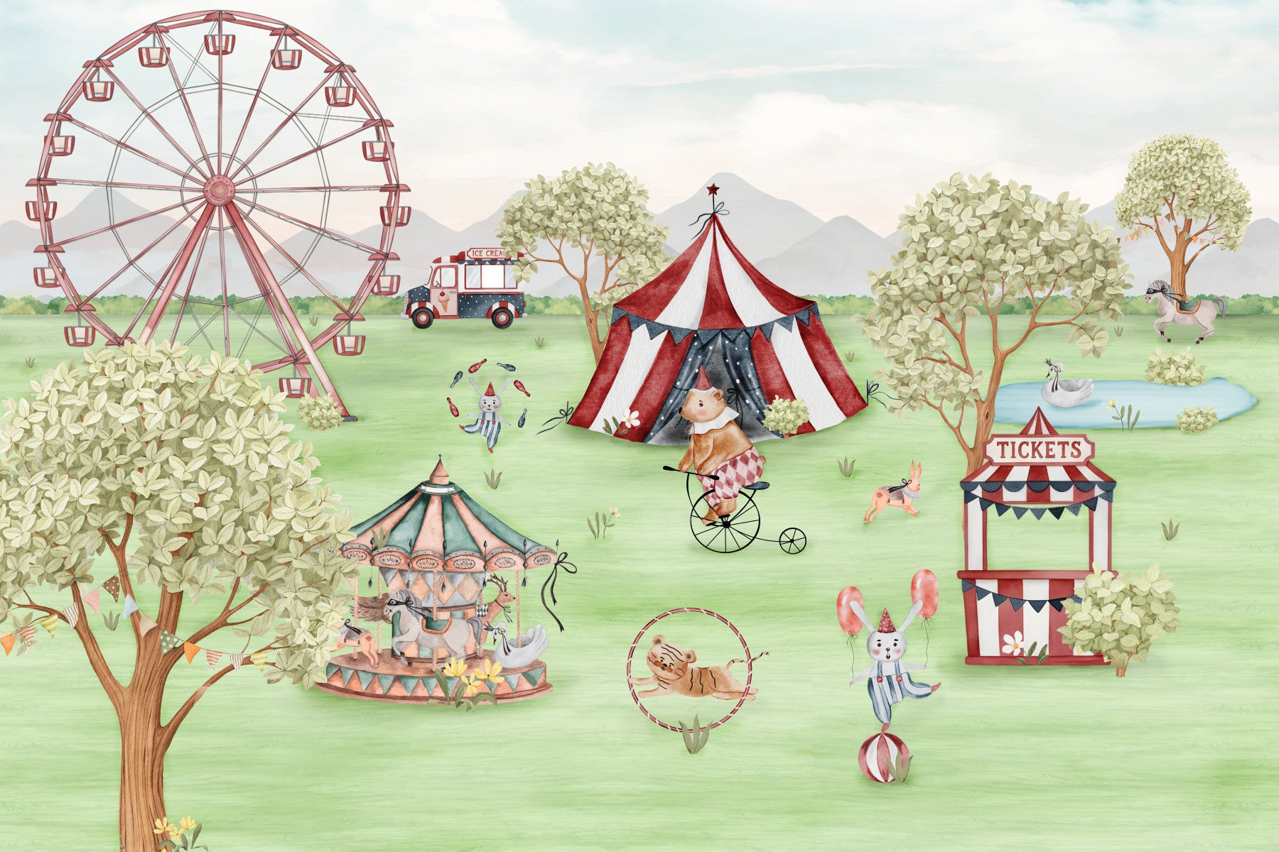 Nursery styled the Whimsical Meadow Carnival wall mural and pastel rug