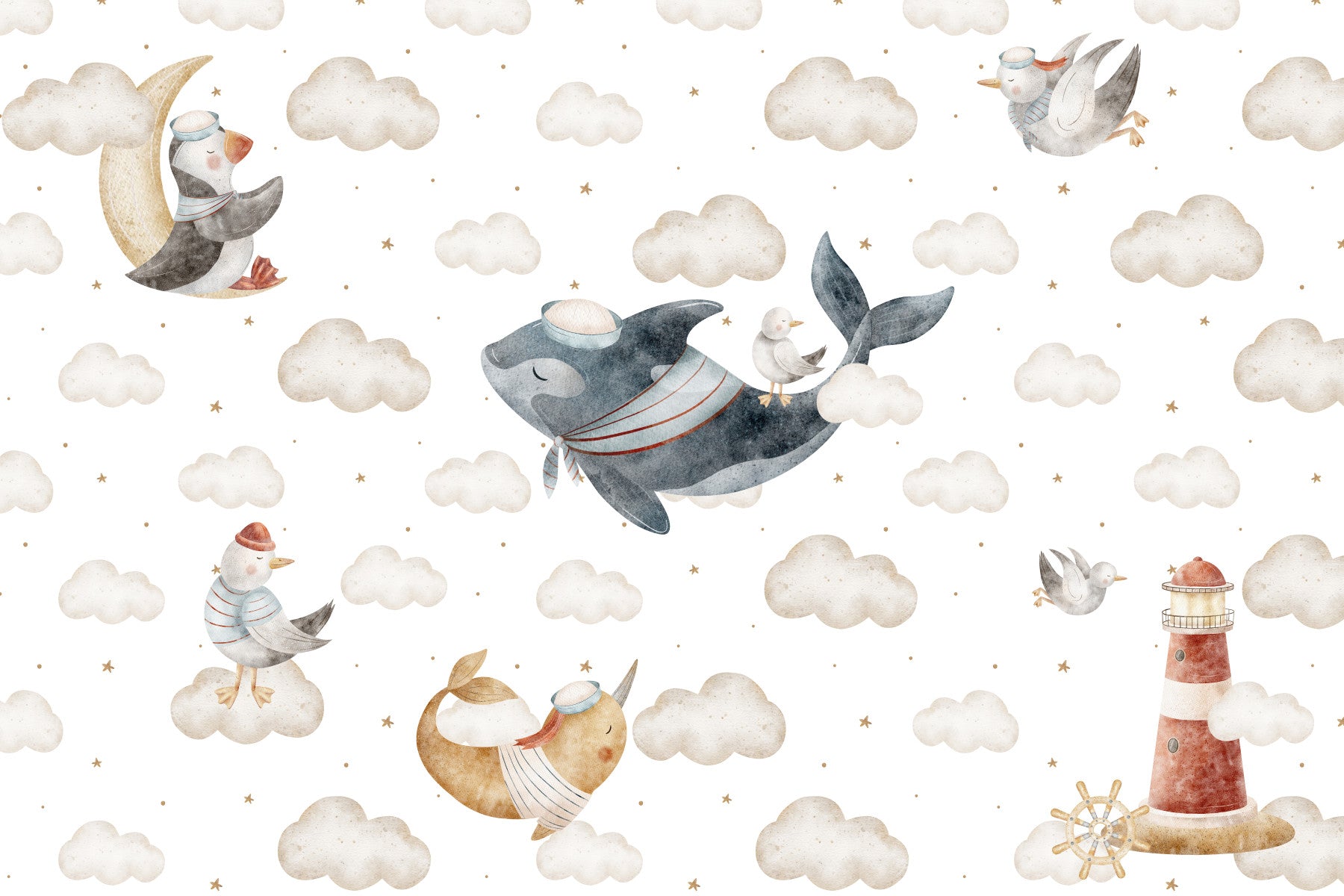 Kids Bedroom around the Nautical Cloud Dreams wall mural with a low bed and toy 