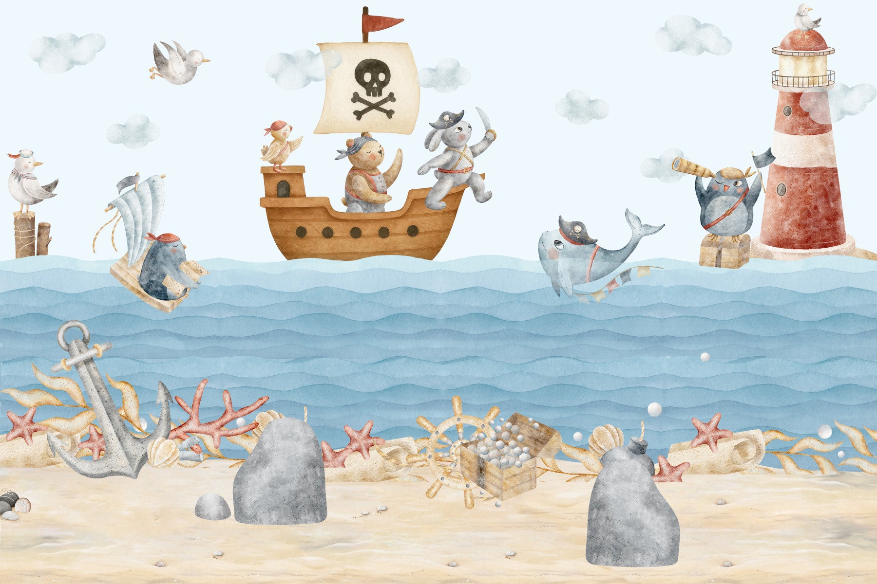 Kids' room with the Nautical Friends Ahoy wall mural 