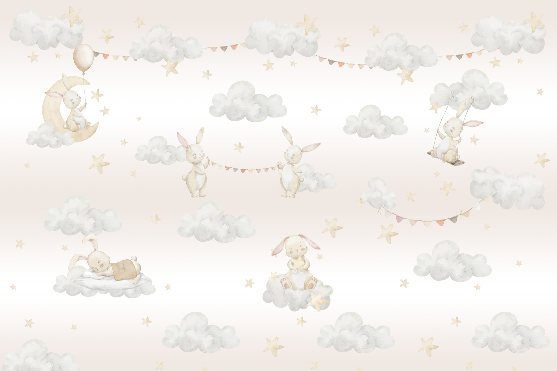 Pink-bedded Kids bedroom with the Dreamy Bunny Cloud Adventures wall mural 