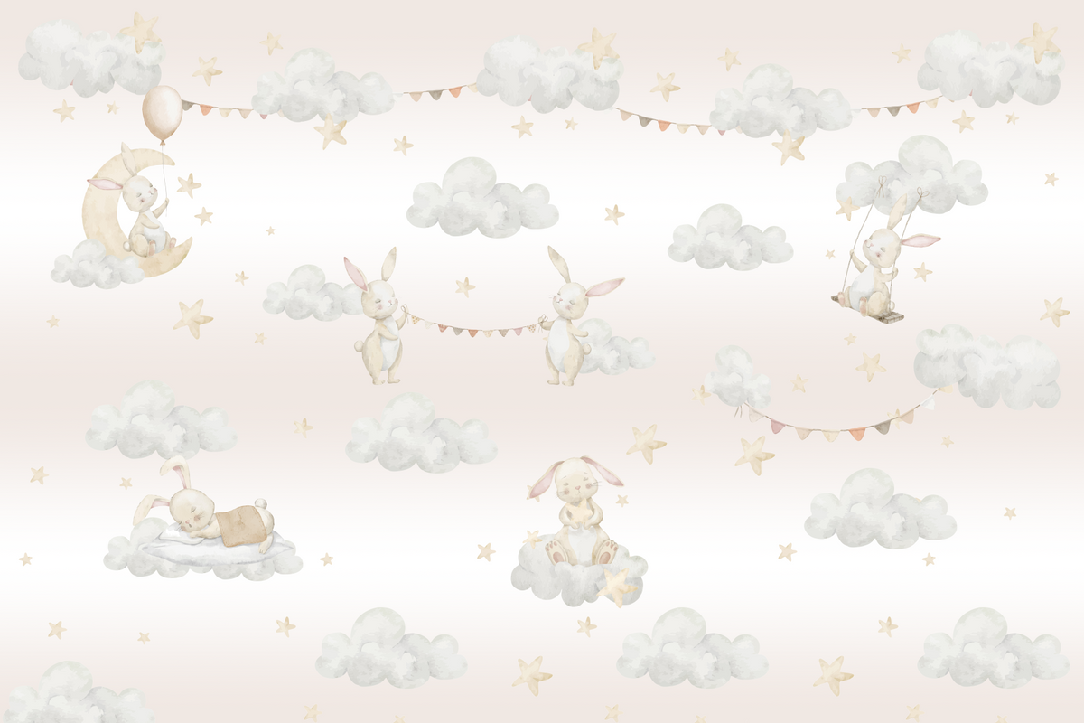Dreamy Bunny Cloud Adventures Wall Mural in your room — zoomed