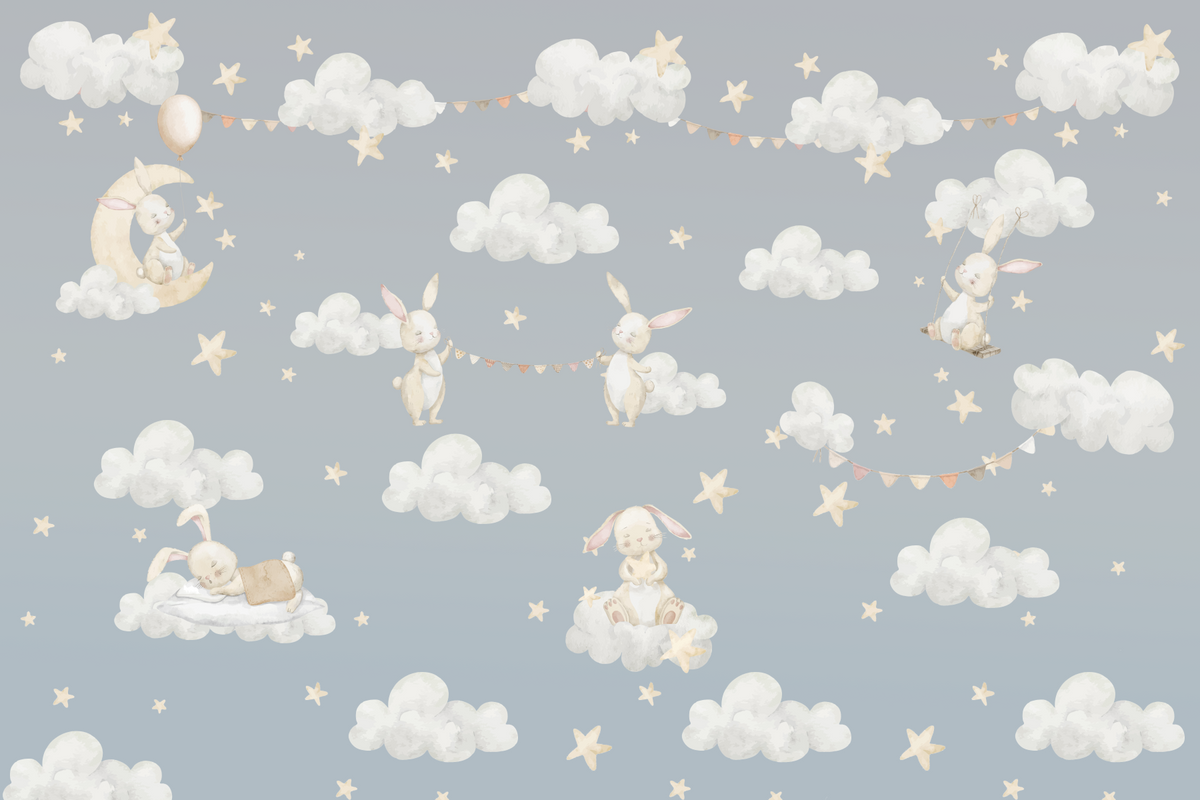 Dreamy Bunnies & Starry Clouds Wall Mural in your room