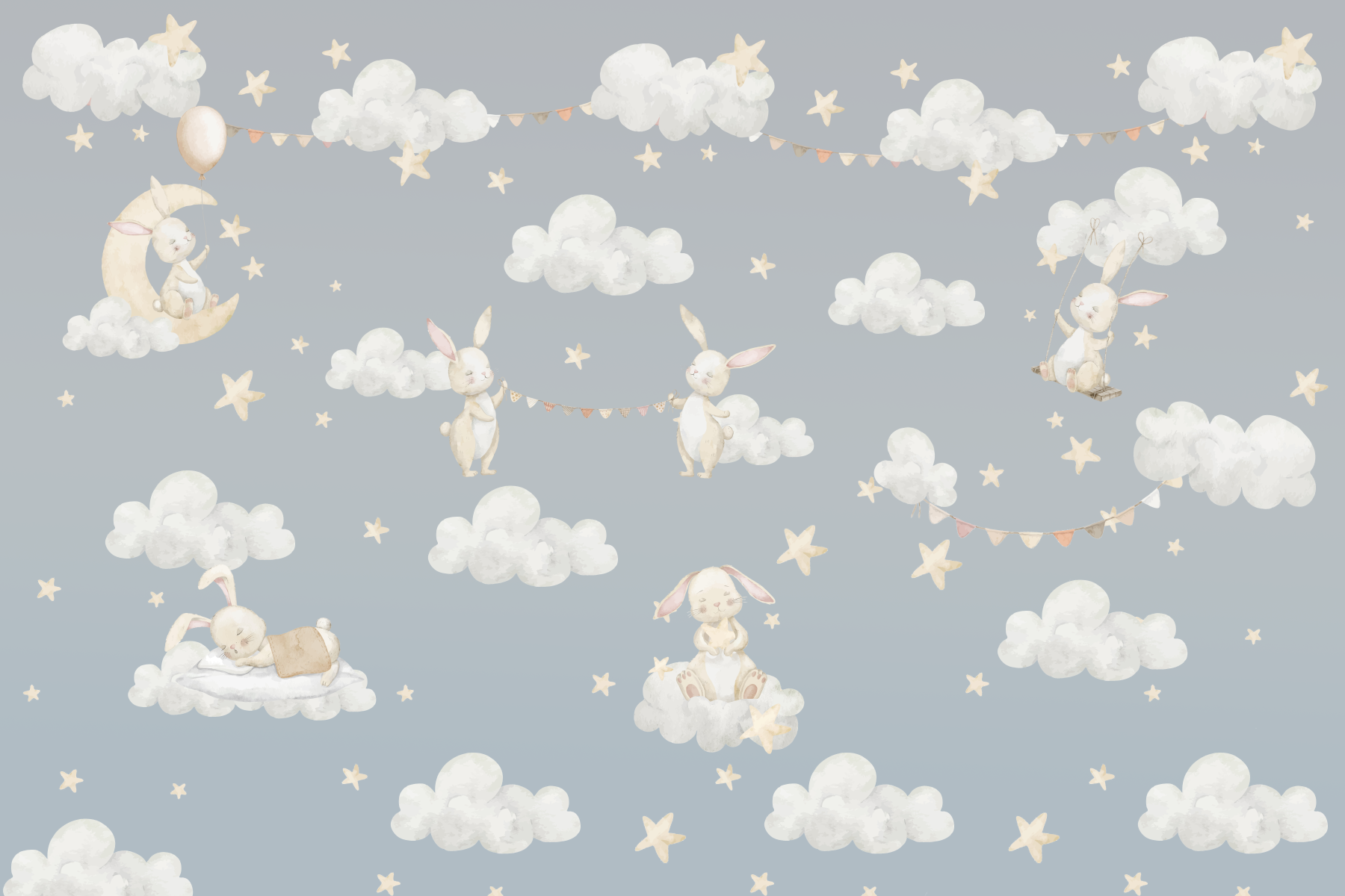 Dreamy Bunnies & Starry Clouds Wall Mural