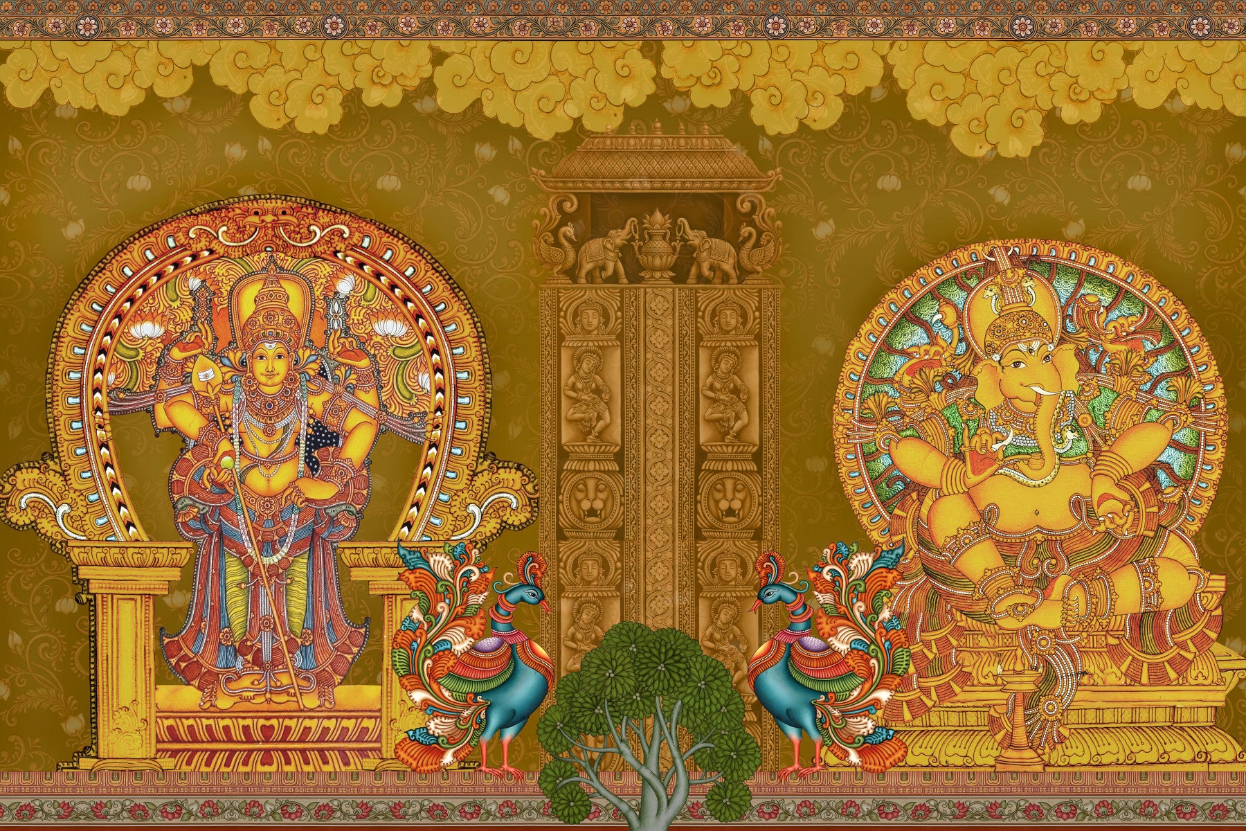 Dining room set with rattan chairs facing the Kerala Mural Deities wall mural