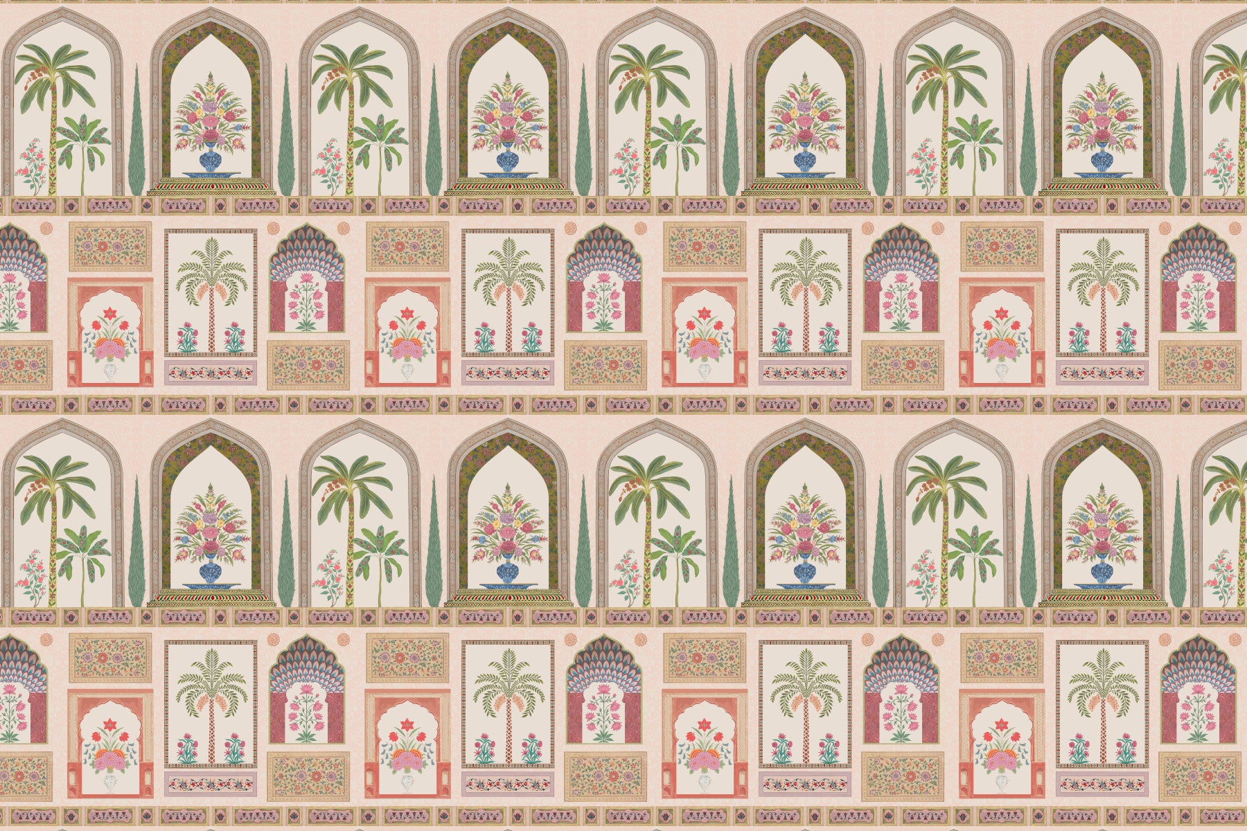 Mughal Garden Palace wall mural sets the backdrop of a soft, layered living room