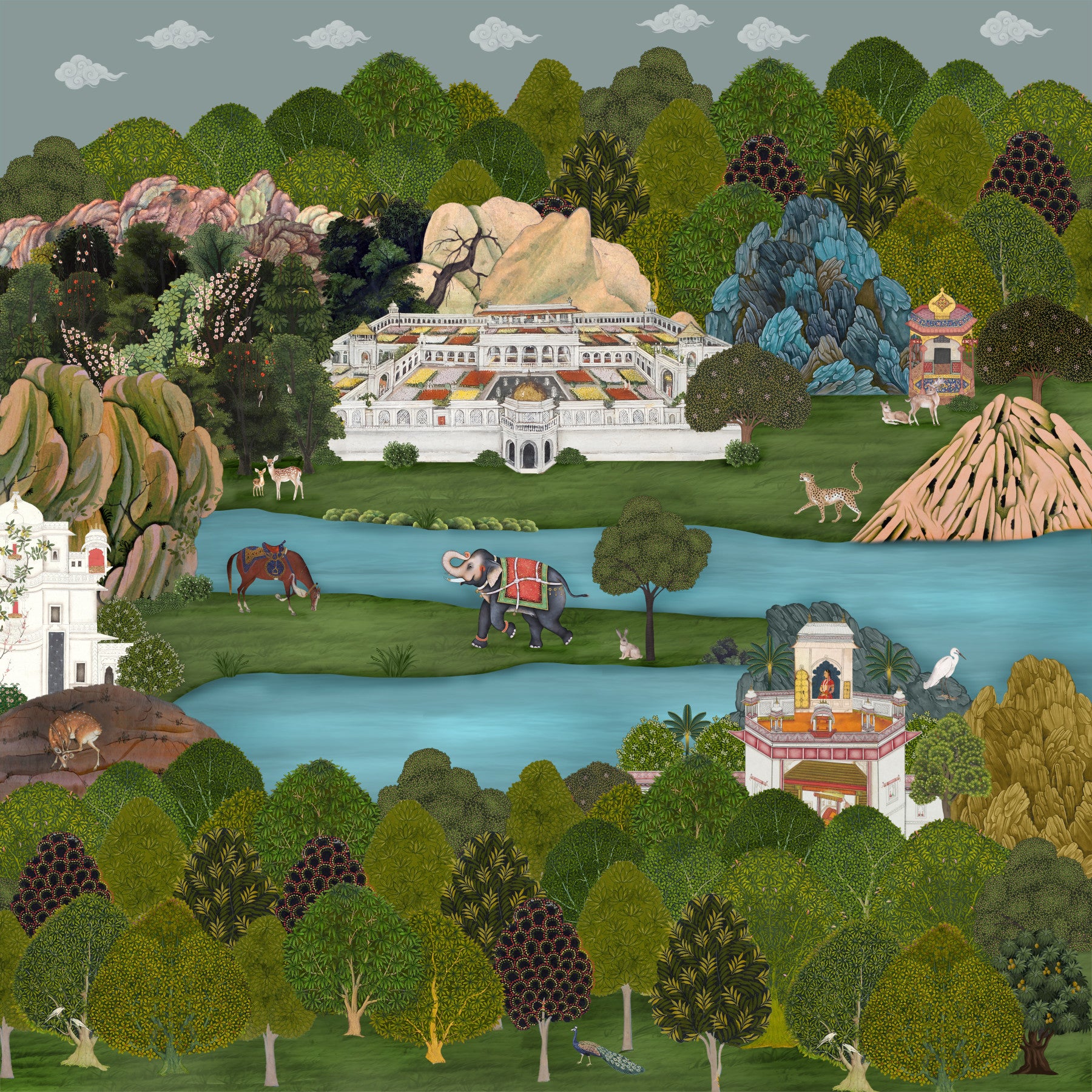 Dining room with the Mughal Oasis Landscape wall mural behind a pale table setting