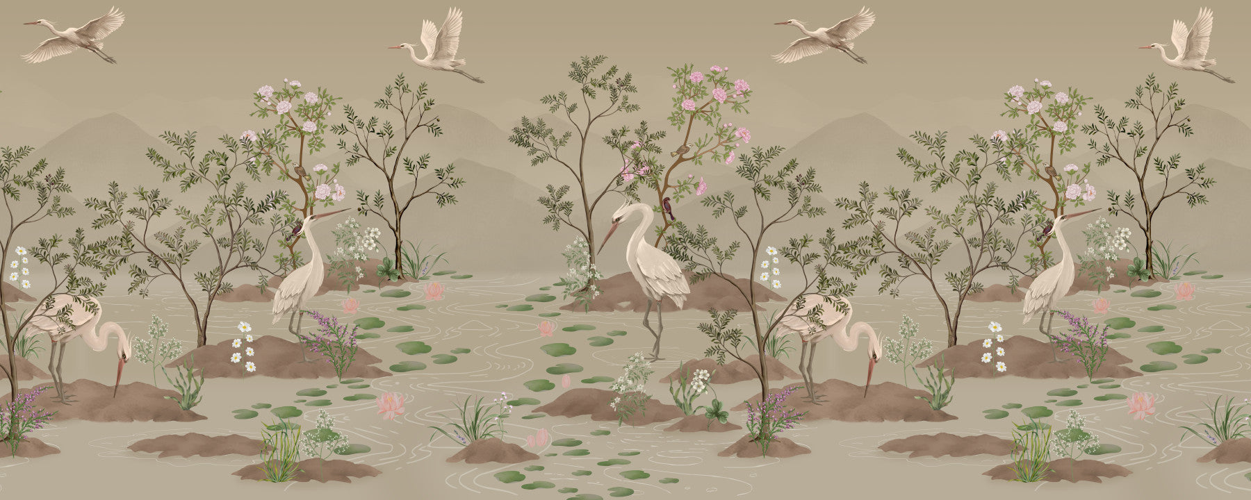Kid bedroom wall mural showing cranes wading in a lotus pond