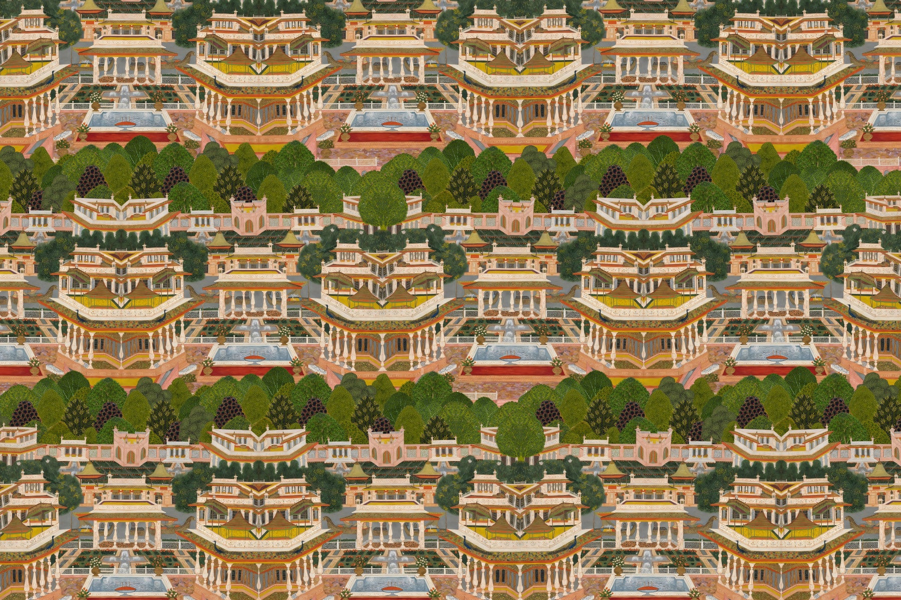 Dining room wallpaper showing pink palaces and green gardens 