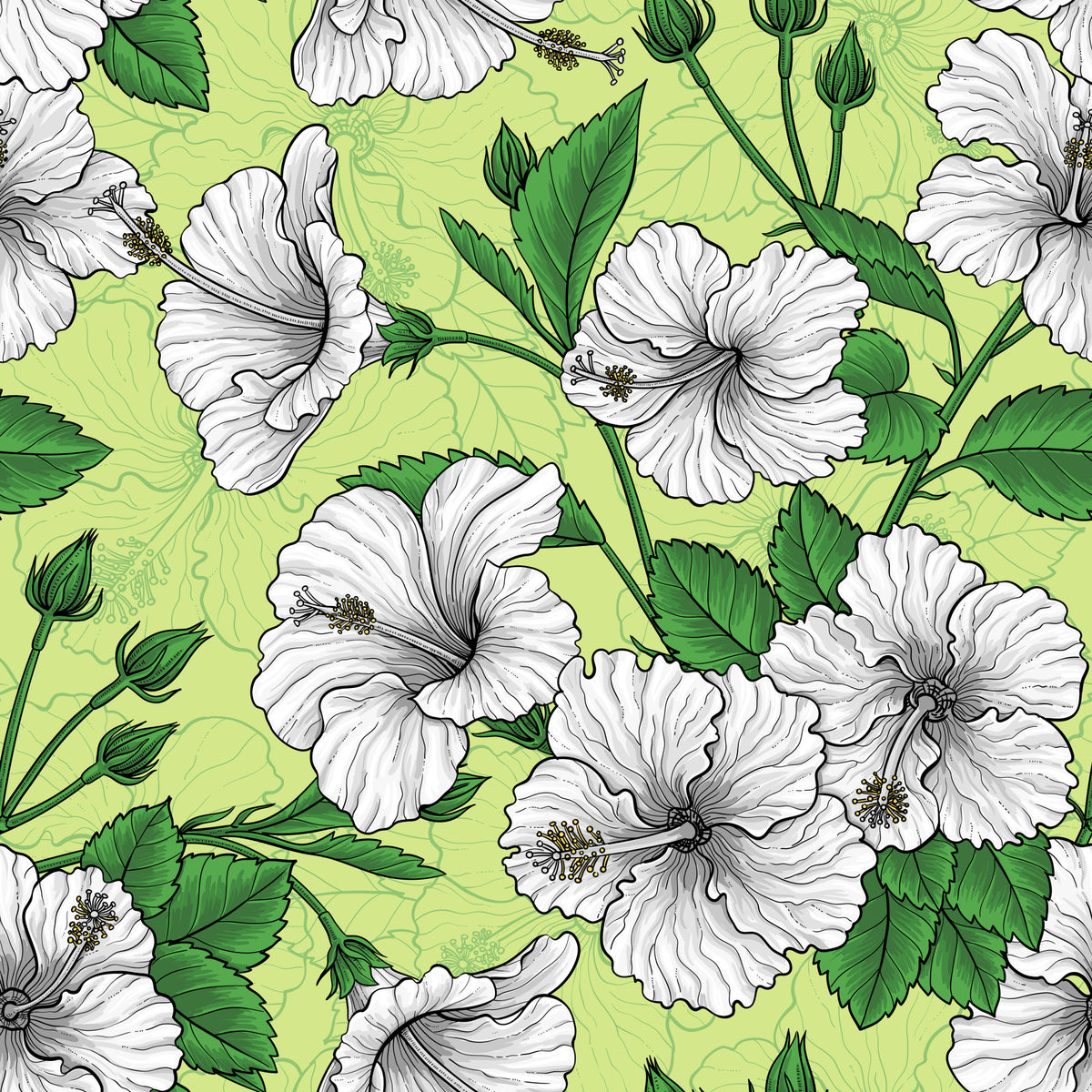 Vintage Hibiscus Botanical Floral Pattern - Tropical Hawaiian Aloha Summer Garden Print Wallpaper⁠