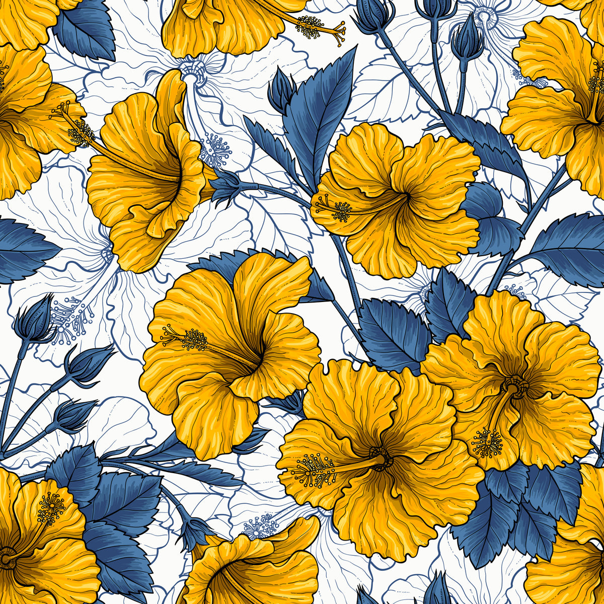 Vintage Hibiscus Botanical Floral Pattern .Tropical Hawaiian Aloha Summer Garden Print Wallpaper⁠ in your room