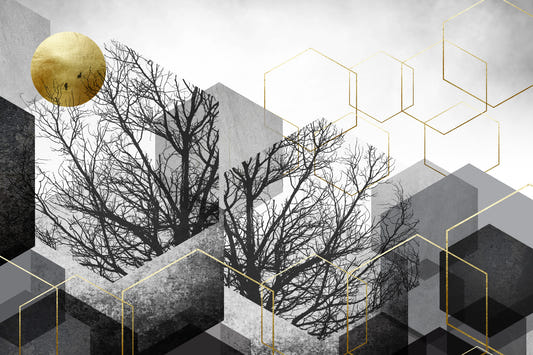 Gilded Geometry: Urban Forest Silhouette Wall Mural