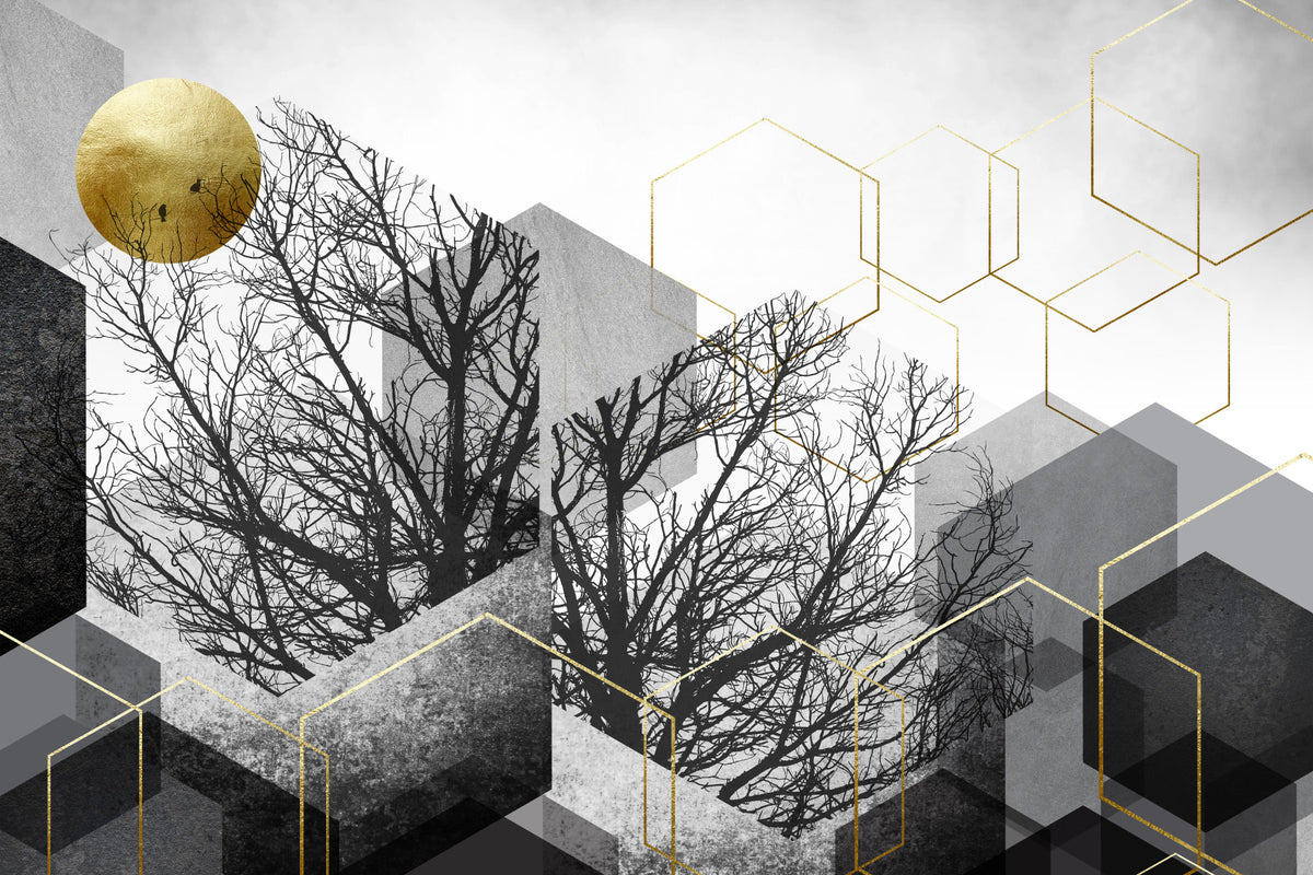 Gilded Geometry: Urban Forest Silhouette Wall Mural in your room — zoomed