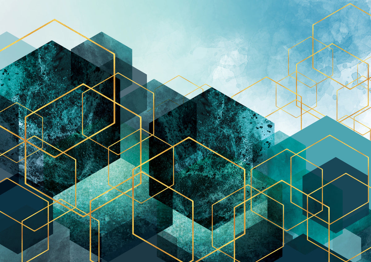 Geometric Teal Gold Glow Wall Mural in your room — zoomed