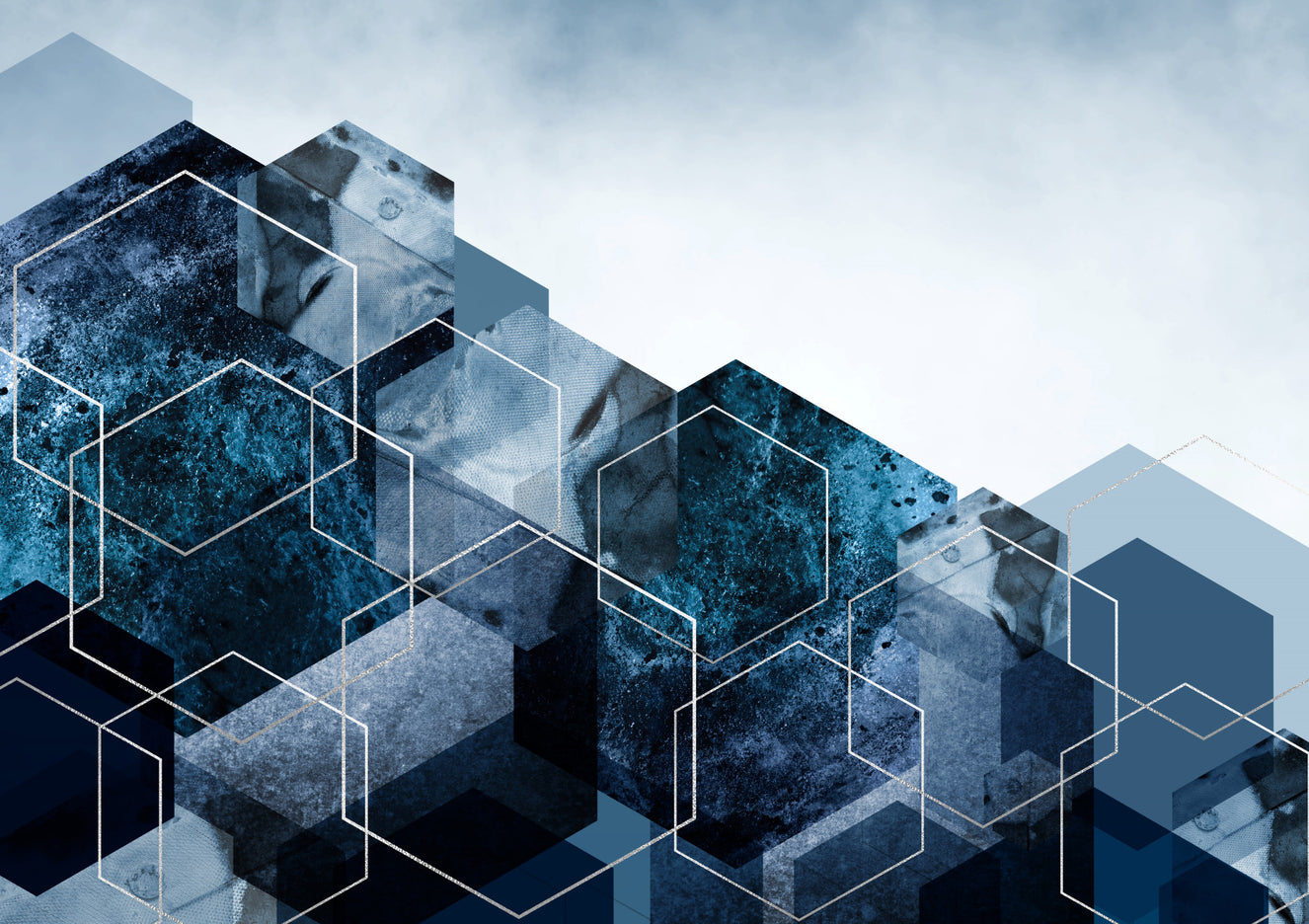 Hexagon Strata: Modern Blue & Silver Wall Mural
