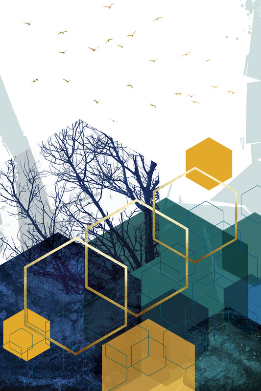 Azure Branches & Gold Hexes Wall Mural