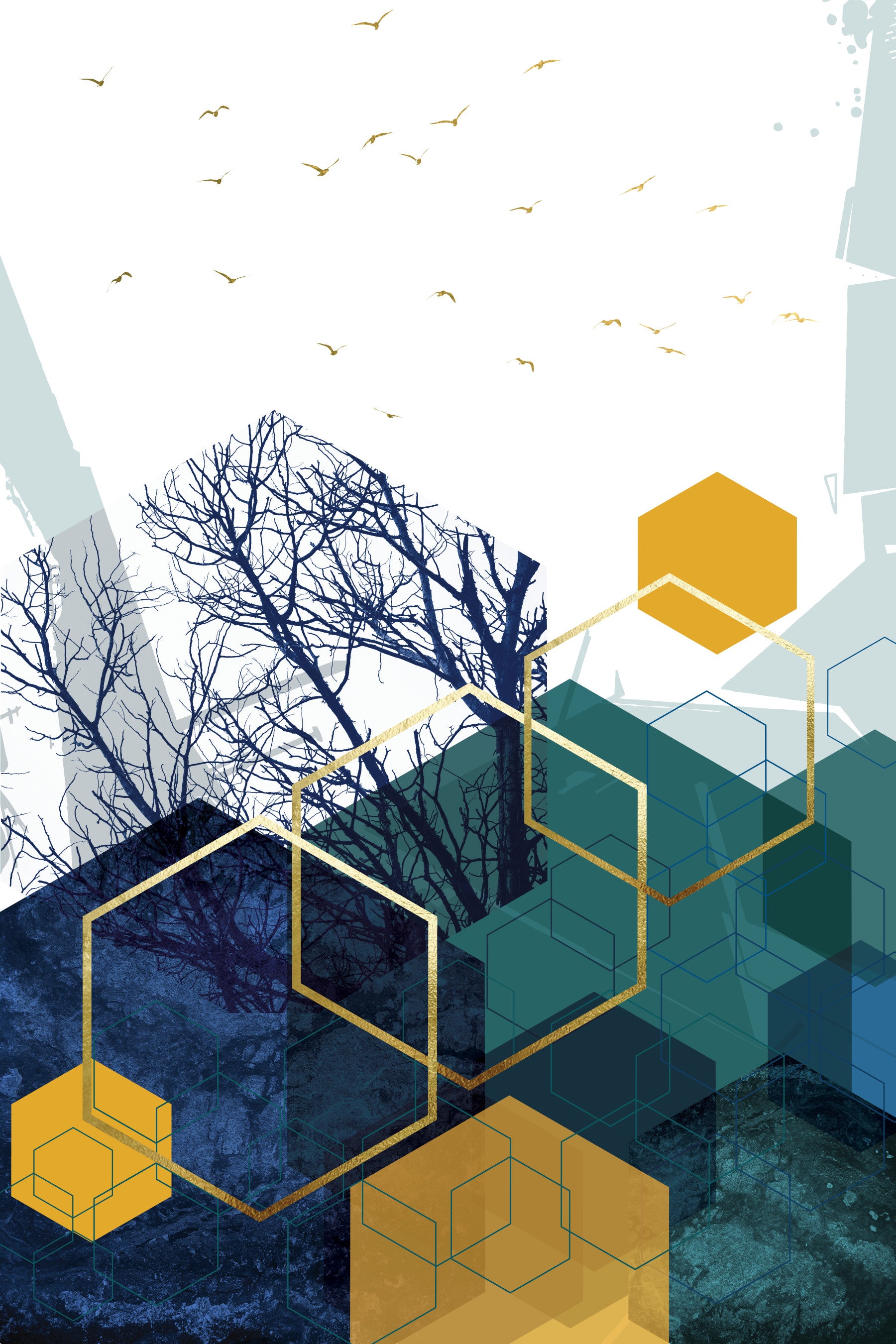 Azure Branches & Gold Hexes Wall Mural