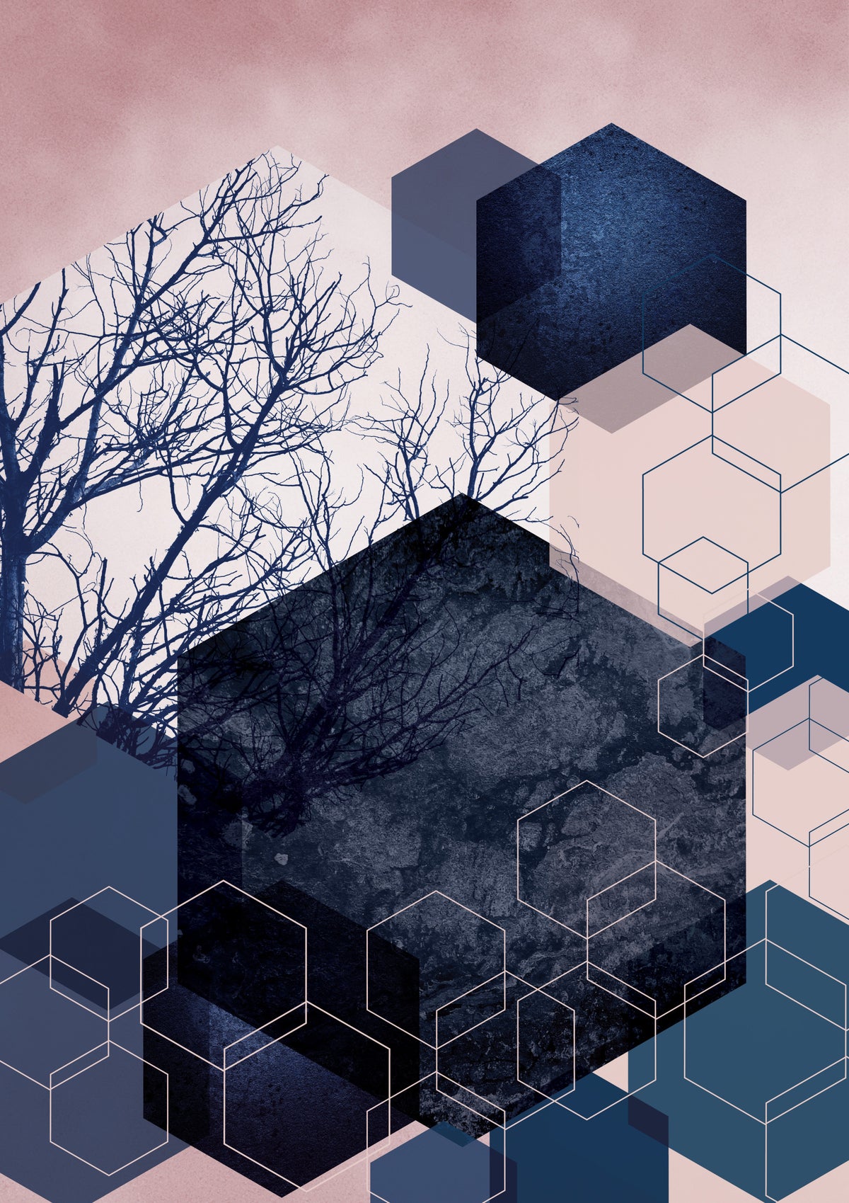 Geometric Grove: Midnight & Blush Wall Mural in your room — zoomed