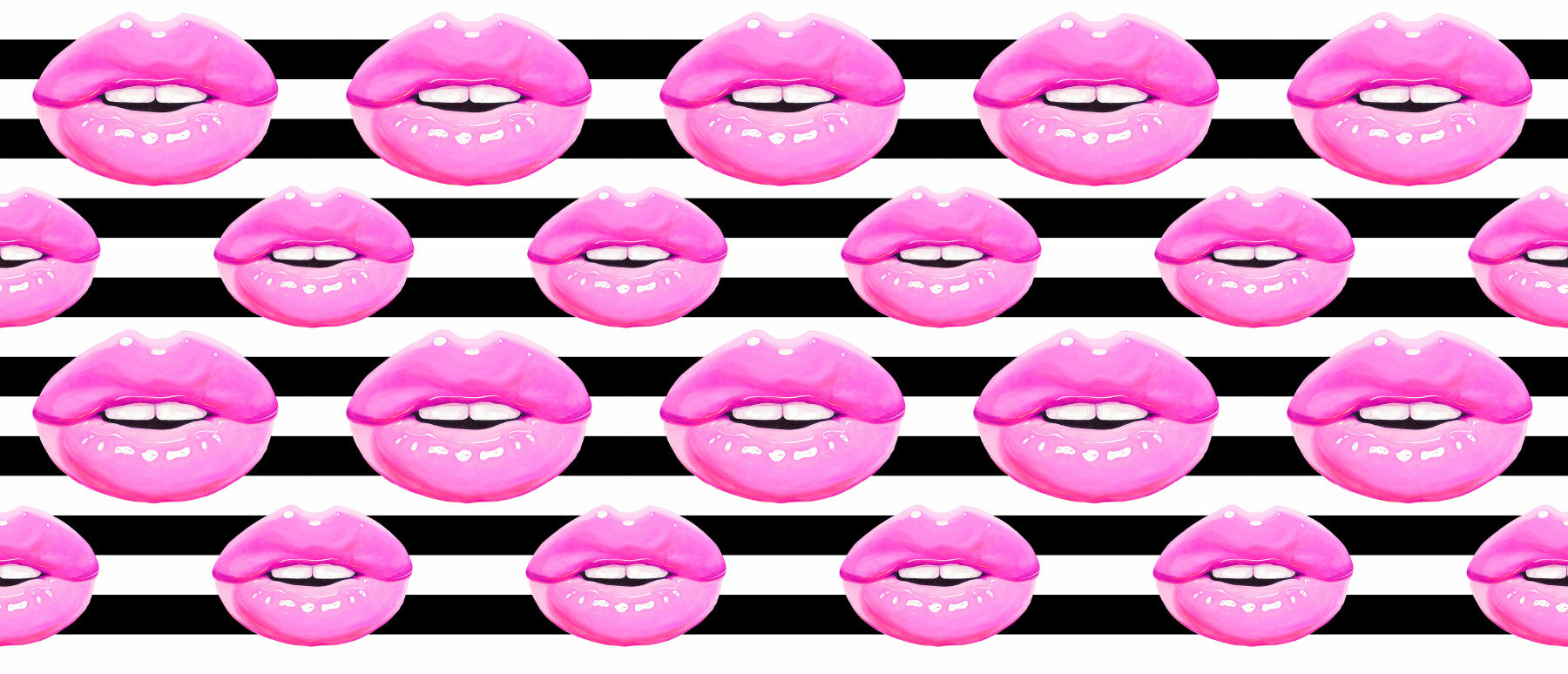 Pop Kiss Stripes wall mural fills a living room with rows of glossy pink lips.