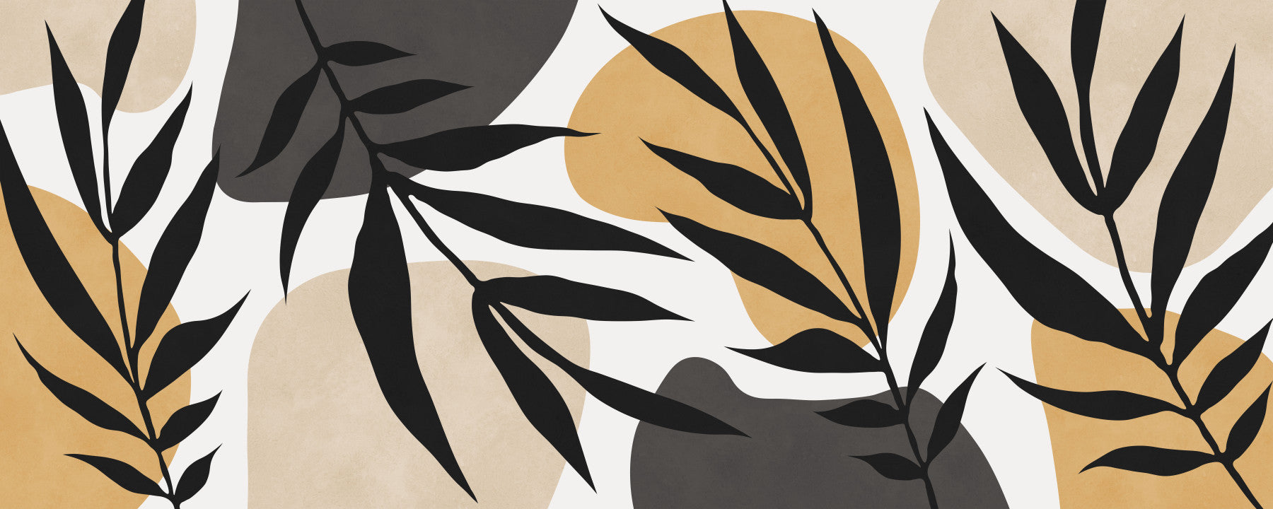Office room Organic Silhouette Art Wall Mural with black leaves and ochre shapes
