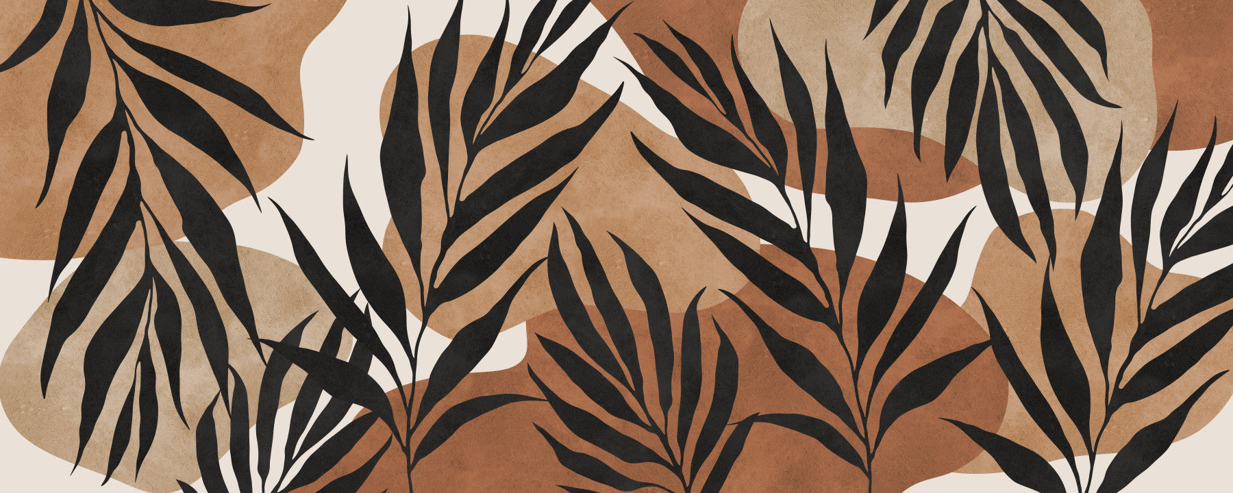 Living room Boho Leaf Flow wall mural with black leaves and clay shapes