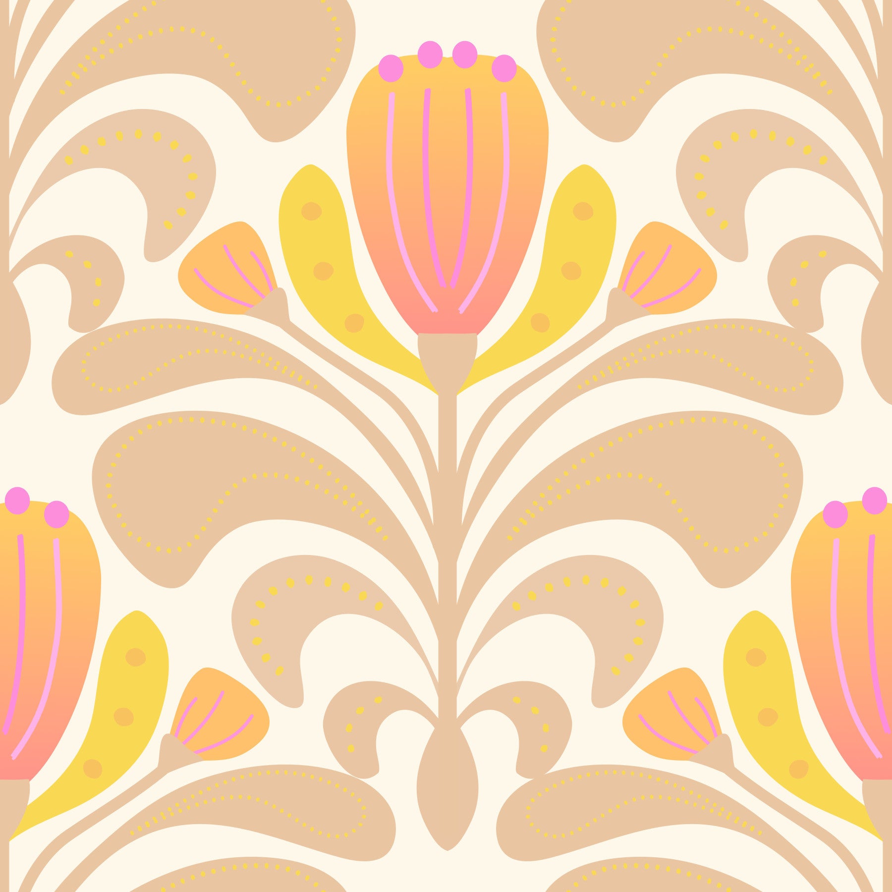 Living room Sunny Floral Melody Wallpaper with peach blooms and soft leaf curves