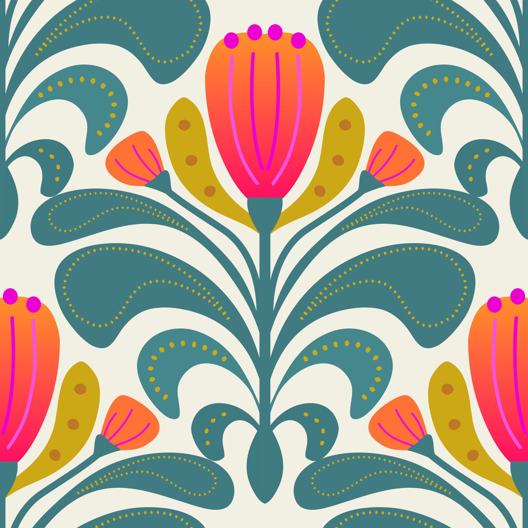 Teal botanical wallpaper with large curved leaves and bright flower motifs