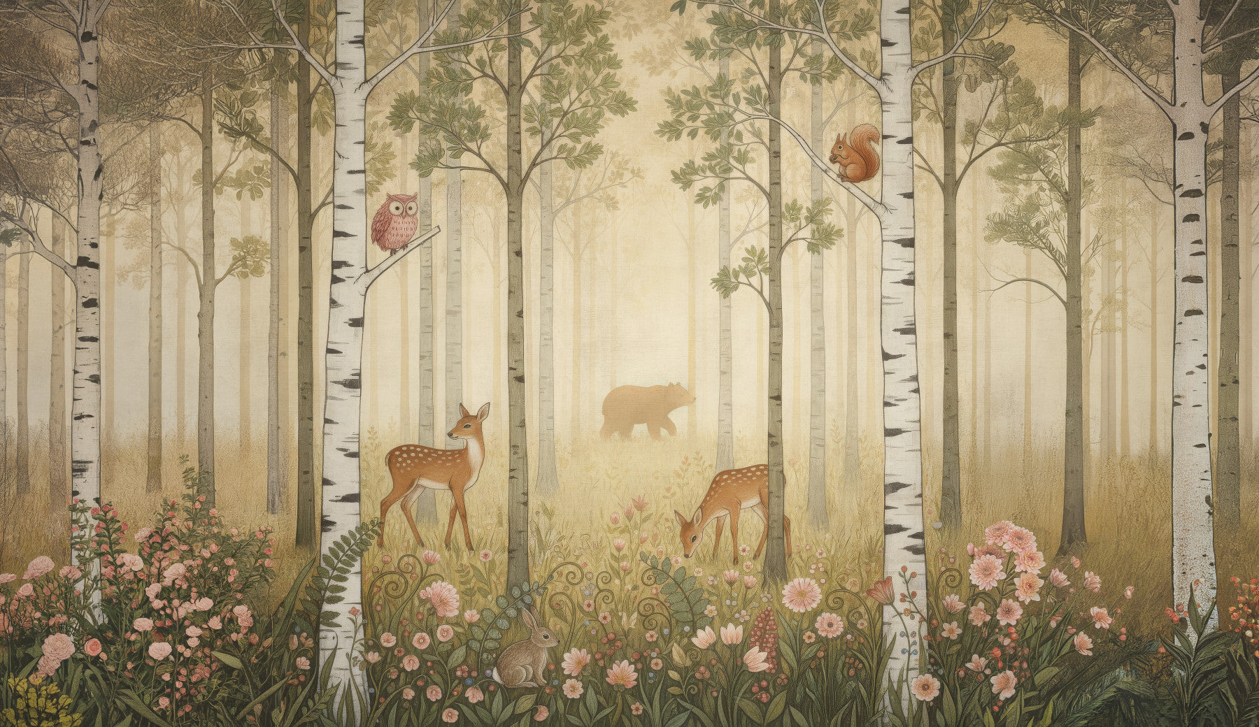 Kids room glows in woodland tones with Forest Animals Wildflowers Warm Sun wall mural