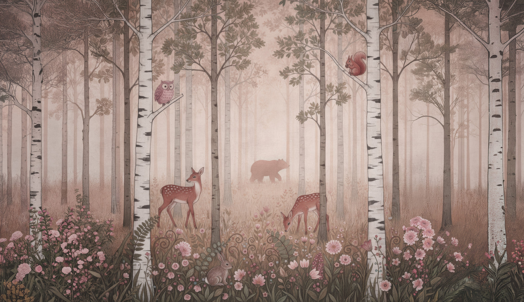A pink dawn forest wall mural rises behind the bedroom, alive with deer and birch.