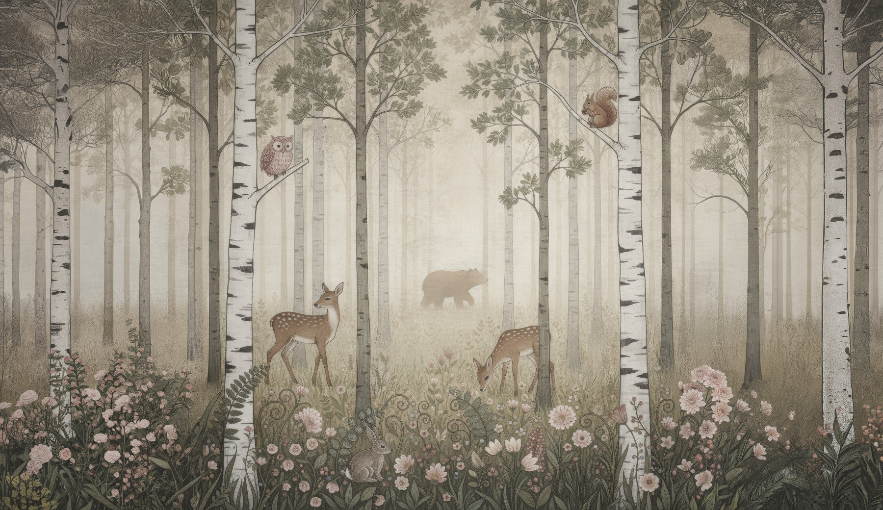 Blush wildflowers and ferns lift a Kids room with the Forest Misty Day wall mural.