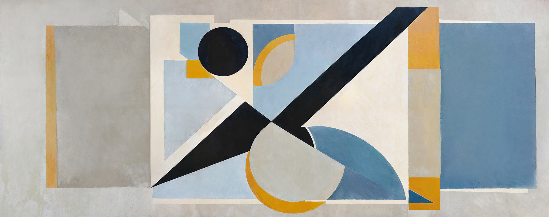 Living room scene built around the Avant Signal wall mural with grey, navy and ochre