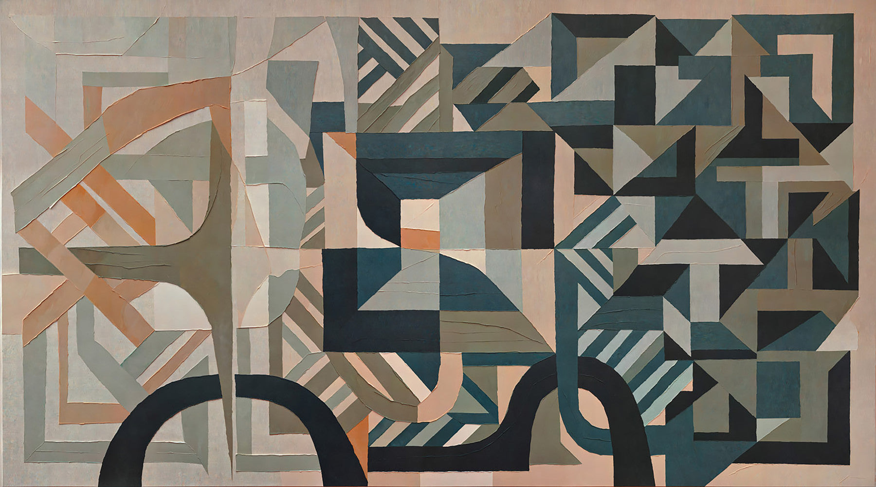 Living room styled around a Silent Planes wall mural in muted geometric tones