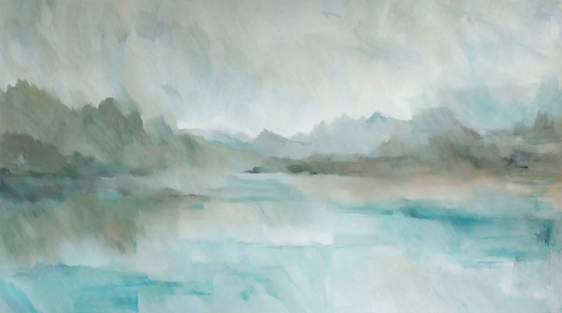 Living room styled around the Velvet Horizon wall mural in teal and sage