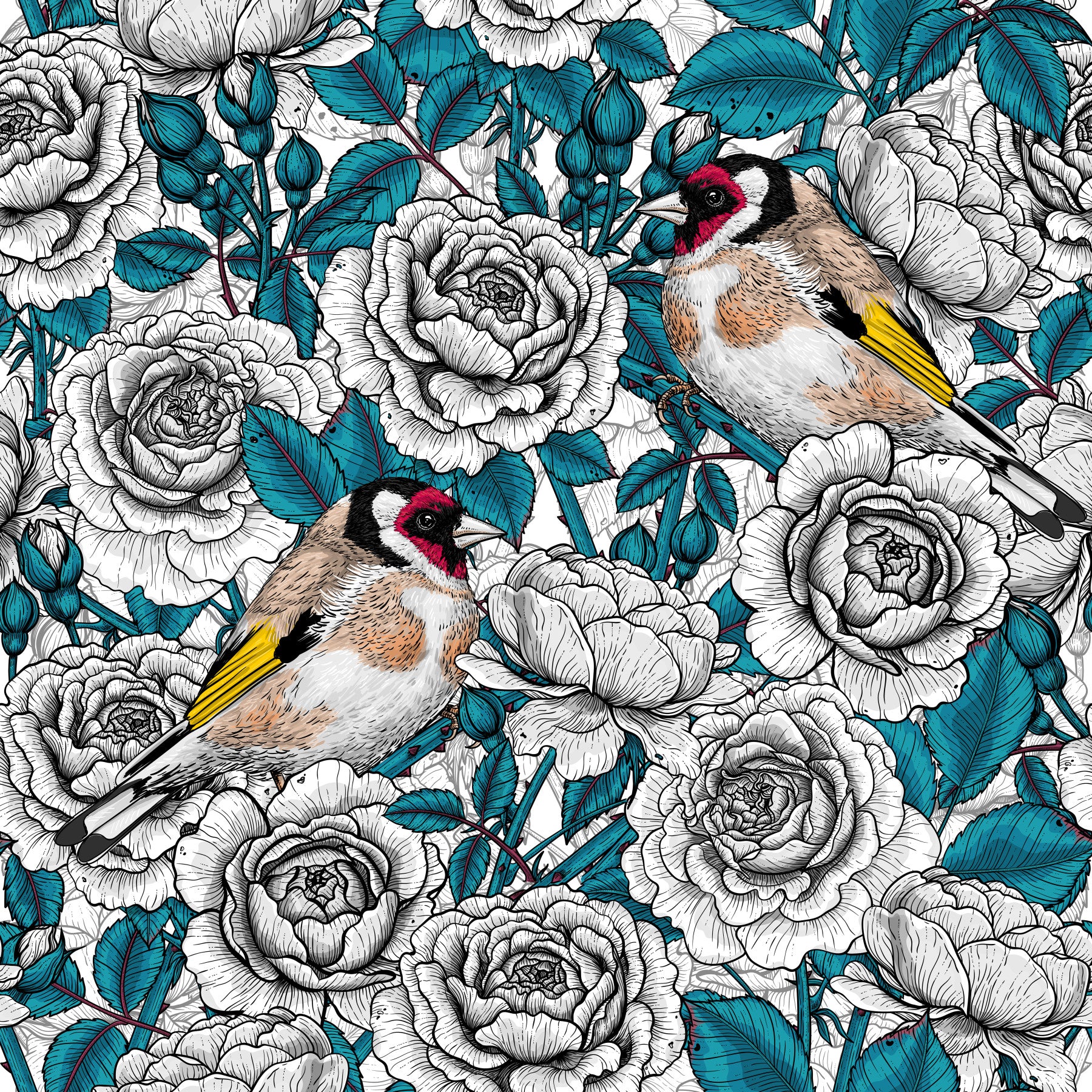 Goldfinch & White and Teal Rose Garden Wallpaper⁠