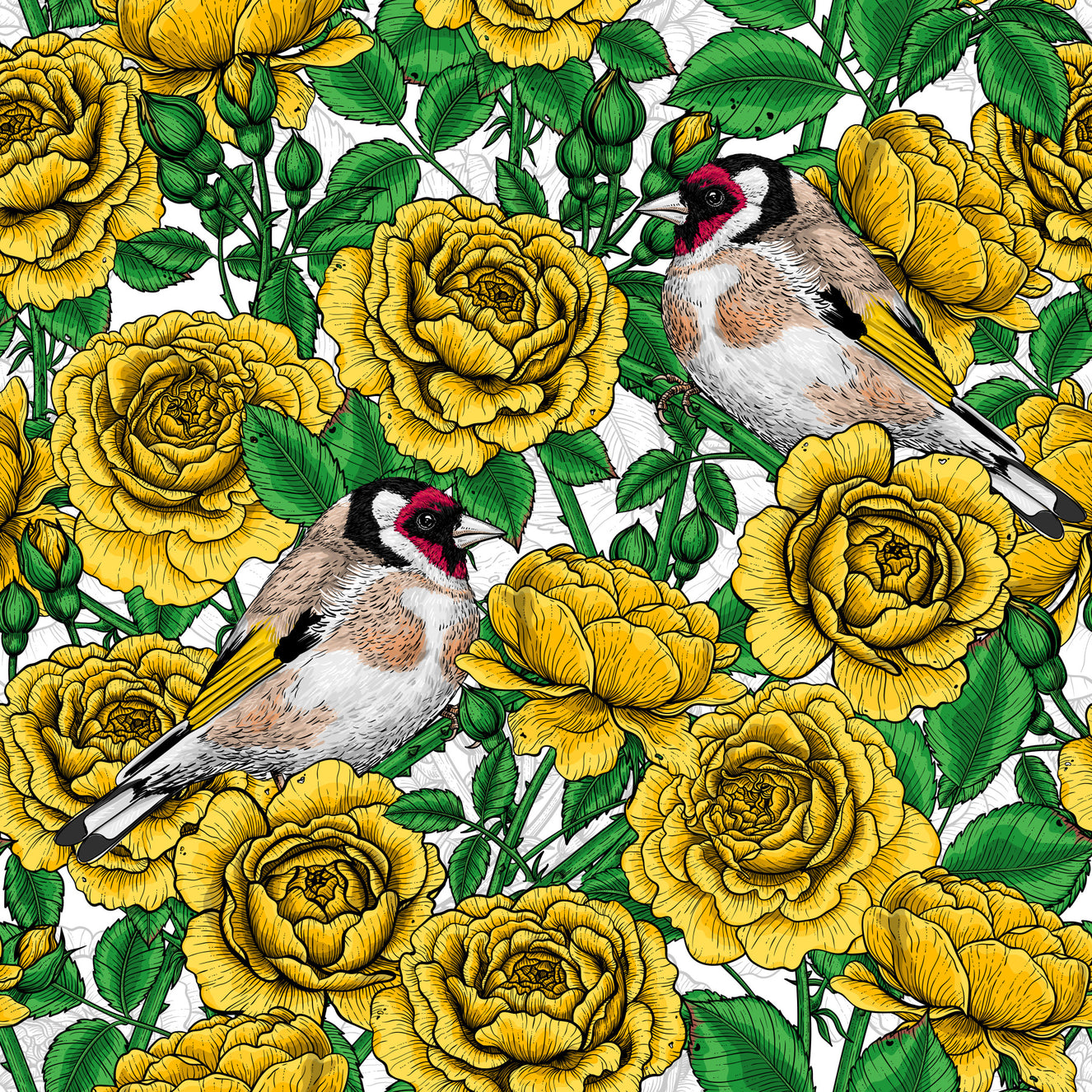 Golden Roses & Goldfinches Wallpaper⁠