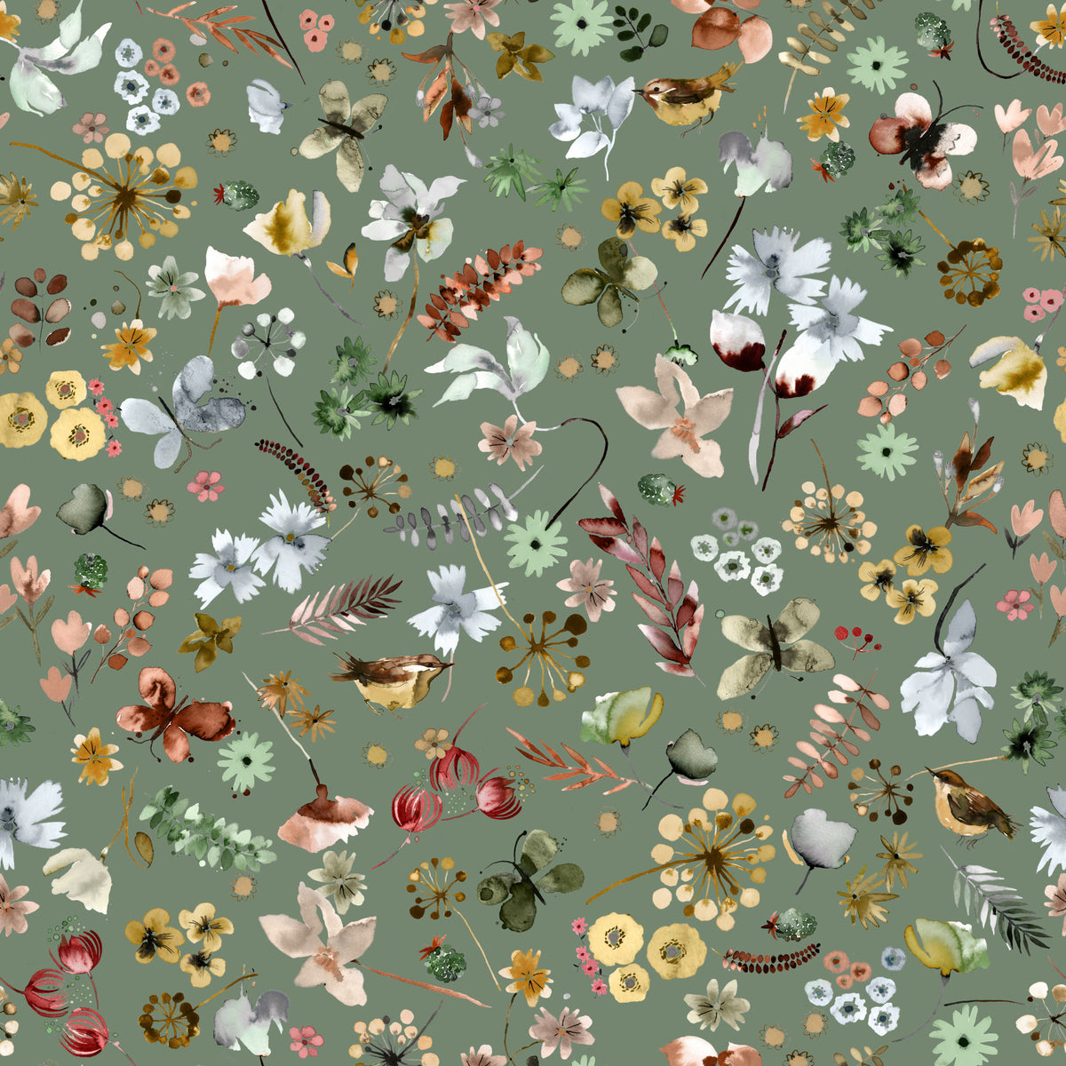 Earthy Woodland Watercolor Jade Green Wallpaper⁠