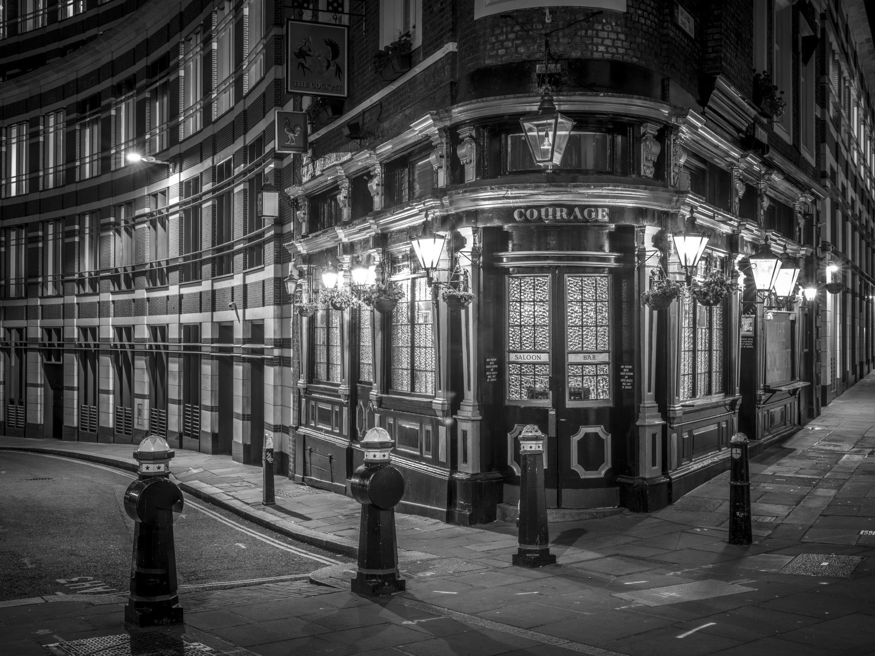 London street corner wall mural with glowing evening lights
