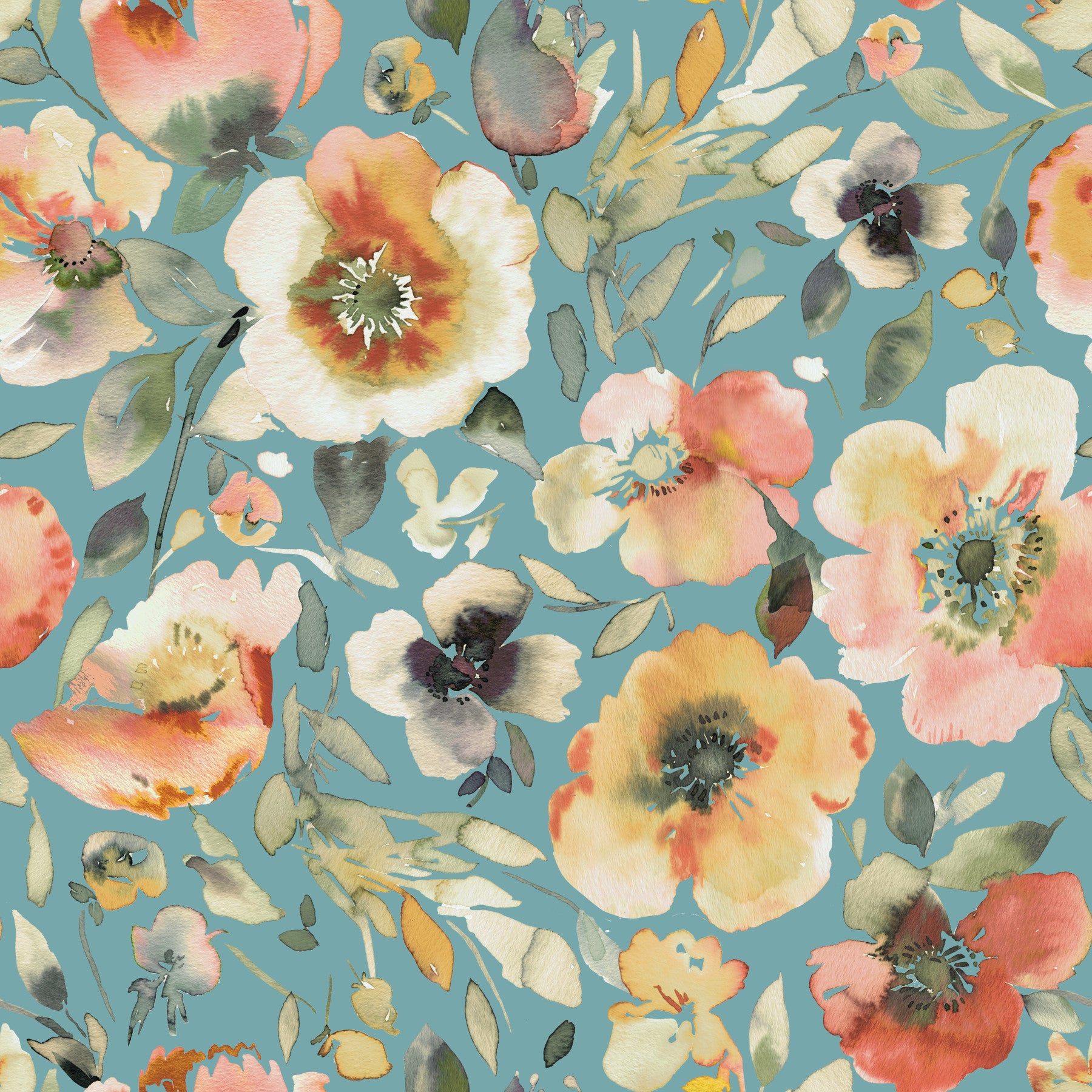 Watercolor botanical wallpaper in teal and peach colour tones
